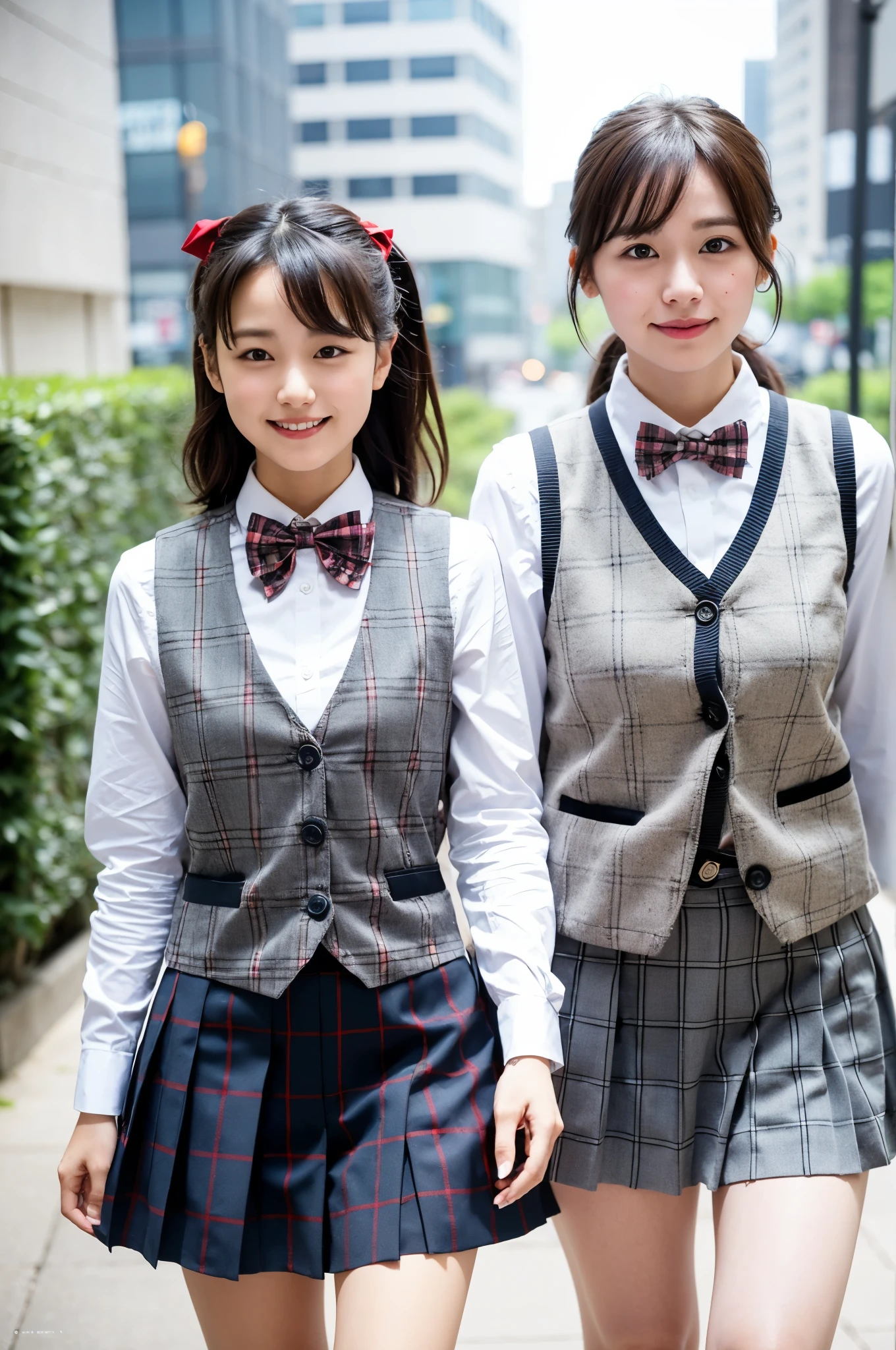 2 girls standing in school classroom,white shirt over gray plaid one-piece swimsuit,red bow tie,18-year-old,bangs,a little smile,thighs,knees,short hair and low pigtails with barrette,from below,front light