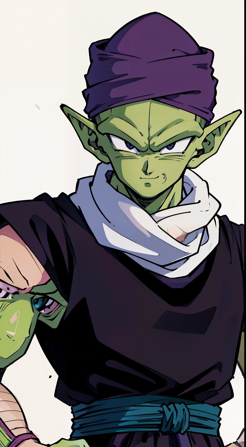 (high-quality, breathtaking),(expressive eyes, perfect face) Symmetrical Eyes, portrait, dragon ball z,piccolo,1boy, male focus, upper body, solo, standing, pointy ears,blue dougi,black pants,green skin,yellow sash, purple cape,smile, closed mouth, looking at viewer, bald,black eyes, grey background, pink patches, black turban, purple scarf
