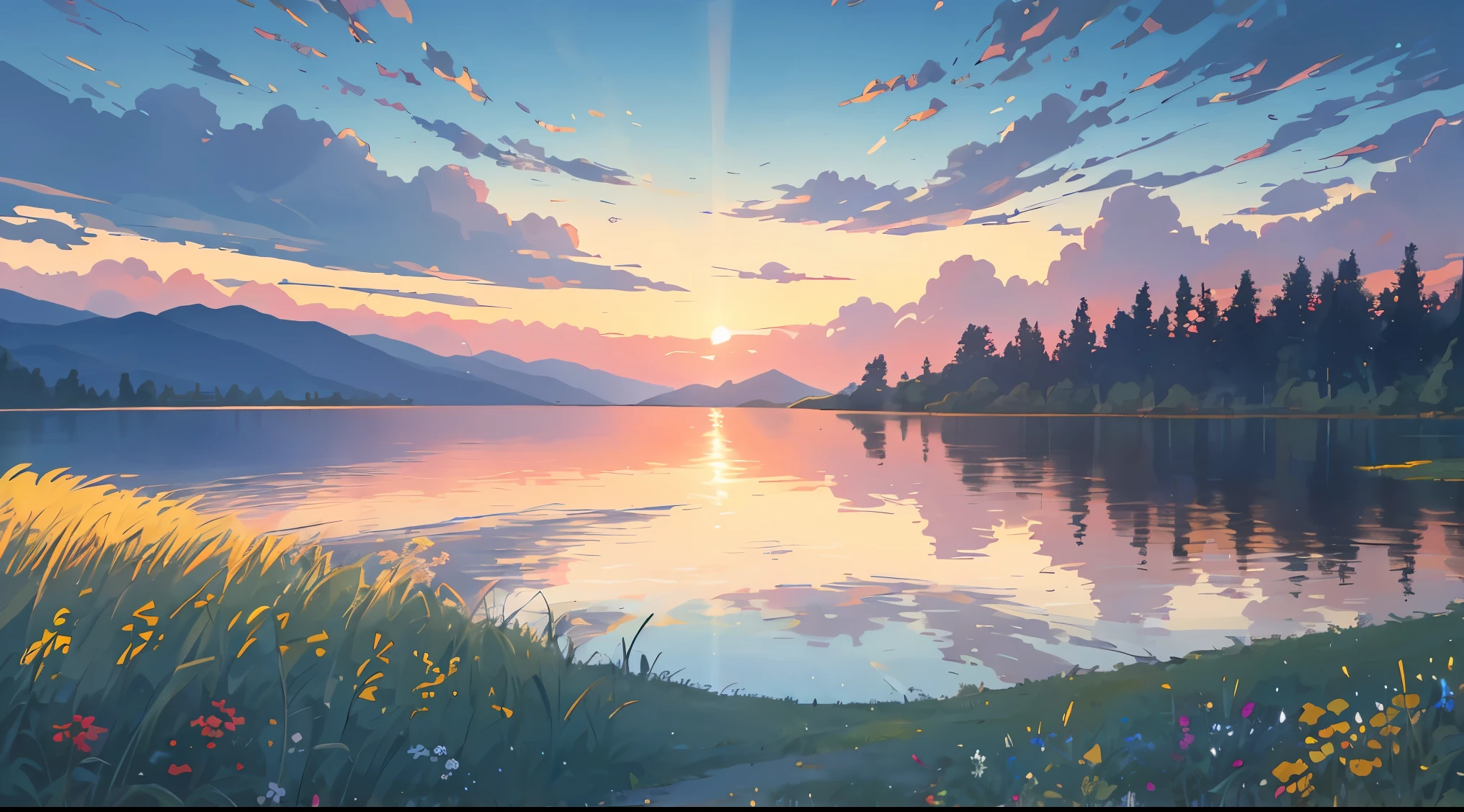 Sunset, lake, grassland, Dazzling sun, Blue sky, Star, Big Cloud, 4k, amazing, sharp, Intricate details, (high resolution: 1.5), saturation, plant flowers in water, More land, less water, Tall Grass, Detailed plants and trees