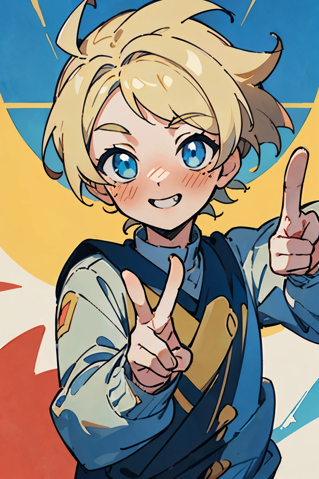 ((best quality)), ((masterpiece)), (detailed), perfect face, Anime, Kid, boy, Has blue eyes, Blond hair, Cute, Smiling, Looking at camera, doing the peace sign, Adorable, Slight blush