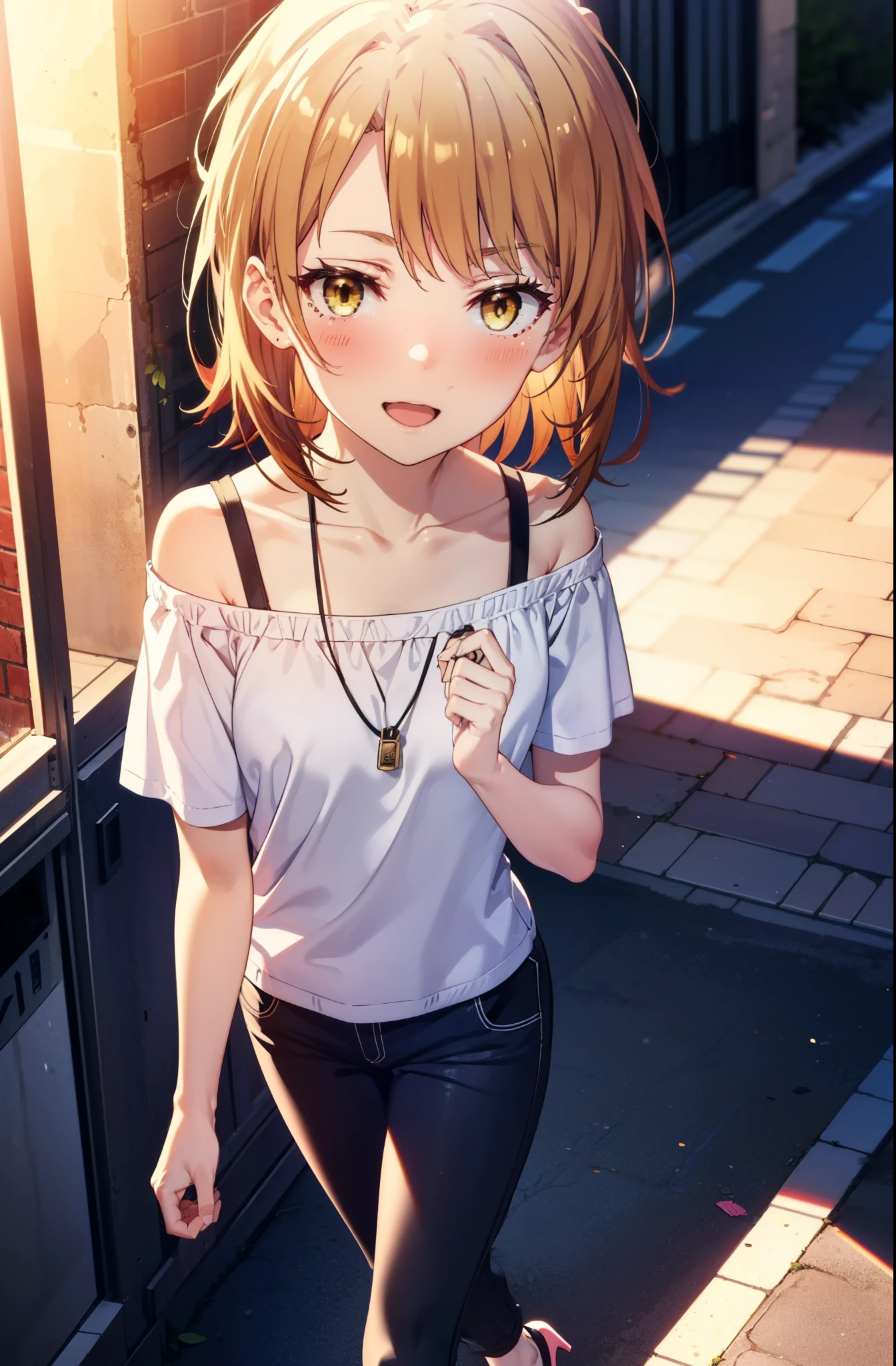 ((Masterpiece)), 8K, cinematic lighting, very messy hair,(portrait, narrow lane, sunset), (exposed breast, tattered and torn dirty oversized white-camisole, Slender small breasts,big cute smile), slum townscape, Textured skin, cat ears, pale brown hair, Cute Beautiful girl