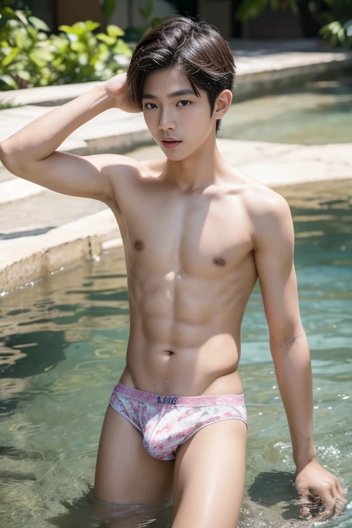 1 boy,Young Thai Man, handsome,cute,teenager,high school student,blink,Normal body,topless, in the stream,small panties,crotch tung,