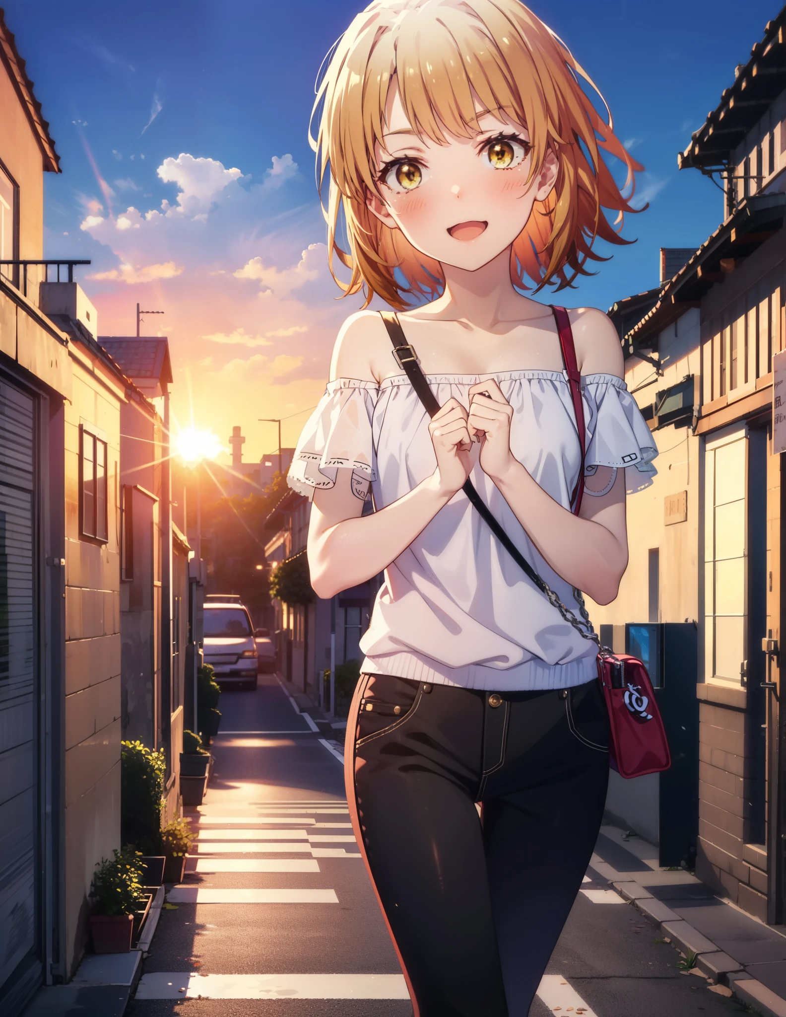 irohaisshiki, iroha isshiki, short hair, Brown Hair, (Brown eyes:1.5),happy smile, smile, Open your mouth,ponytail,short braided hair band,Cord off-shoulder top,Short sleeve,skinny pants,Stiletto heels,Sunset,evening,The sun is setting,Walking,whole bodyがイラストに入るように,Looking down from above,Holding a Chanel bag in her right hand,
break outdoors,In town,Building district,
break looking at viewer, whole body,
break (masterpiece:1.2), highest quality, High resolution, unity 8k wallpaper, (shape:0.8), (Beautiful details:1.6), Highly detailed face, Perfect lighting, Extremely detailed CG, (Perfect hands, Perfect Anatomy),