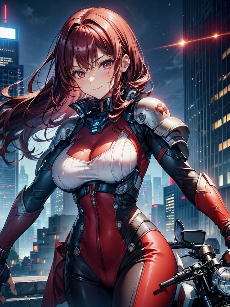 highest quality、Nice sexy body、One Woman、solo、(Beautiful busty woman:1.5)、Medium hair woman、((Woman with dark red hair))、A woman in a mechanical suit、Smiling woman、Future City、A woman riding a futuristic motorcycle、Skyscrapers at night