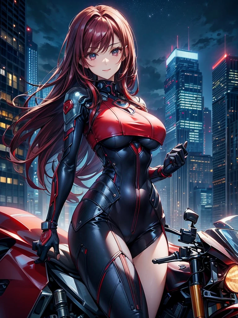 highest quality、Nice sexy body、One Woman、solo、(Beautiful busty woman:1.5)、Medium hair woman、((Woman with dark red hair))、A woman in a mechanical suit、Smiling woman、Future City、A woman riding a futuristic motorcycle、Skyscrapers at night
