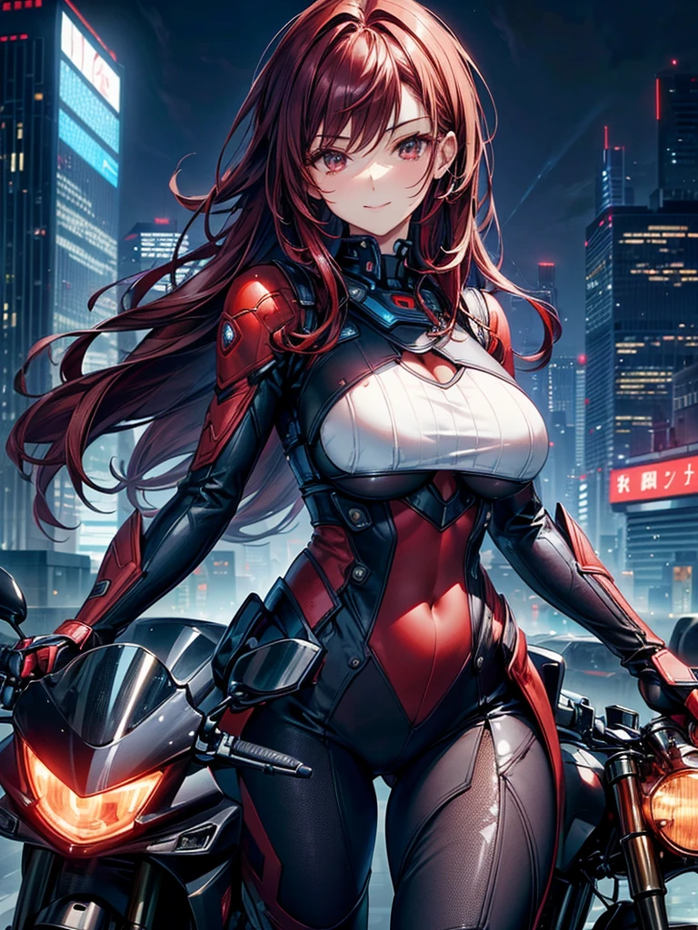 highest quality、Nice sexy body、One Woman、solo、(Beautiful busty woman:1.5)、Medium hair woman、((Woman with dark red hair))、A woman in a mechanical suit、Smiling woman、Future City、A woman riding a futuristic motorcycle、Skyscrapers at night
