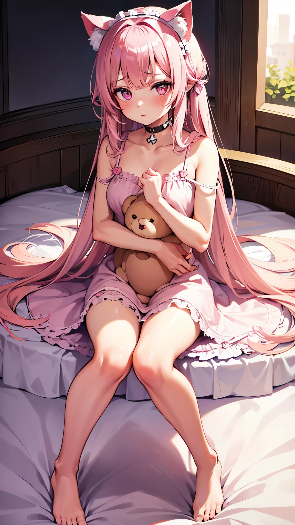 (masterpiece:1.2), best quality,a girl, pink nightgown, pink cat ear hood, (white long hair:1.3), (pink eyes), duck sitting, ((hiding hands)),clothes open, pink bra, tsundere, obsessive expression,  blush, medium breast, cross white headdress, holding a bear doll, sitting on the bed, pink bed, bedroom,full body,looking at viewer, beautiful eyes, detailed eyes,pureerosface_v1, [:(detailed face:1.2):0.2]: