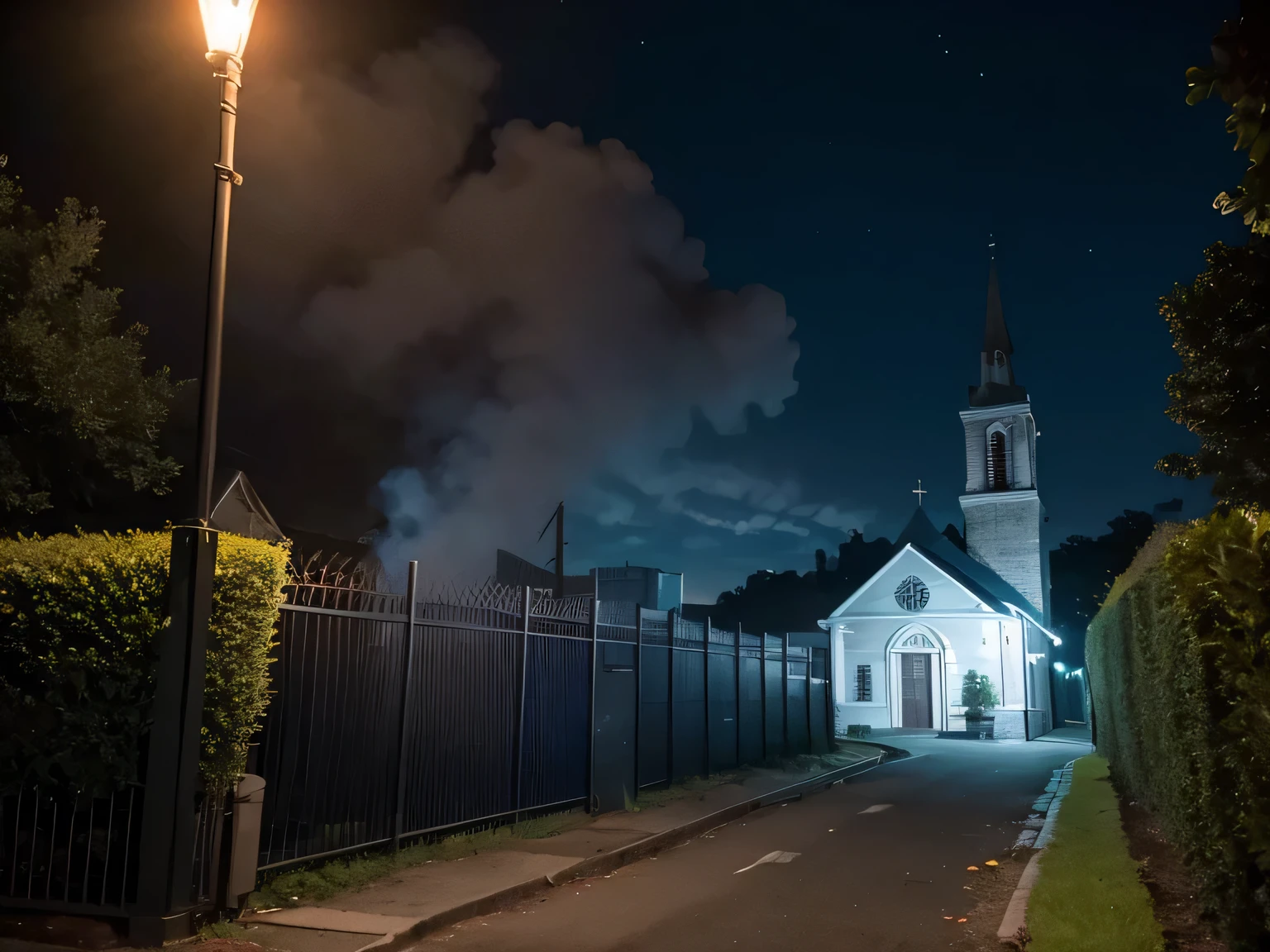 church,Outside the yard,Fence,Entrance,night,fear,,smoke,Red and blue,Thriller