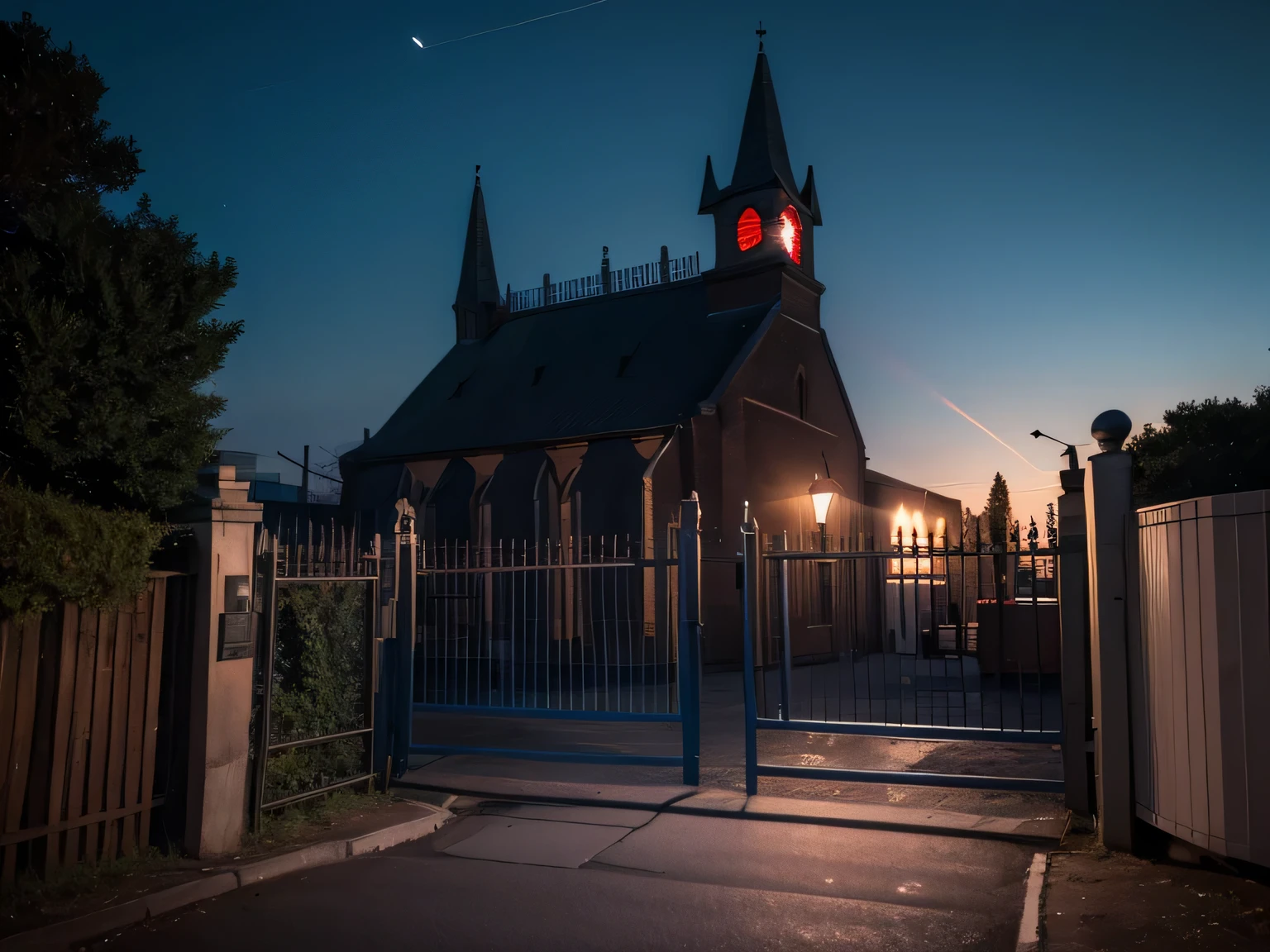 church，Outside the yard，Fence，Entrance，night，fear，，smoke，Red and blue，Thriller