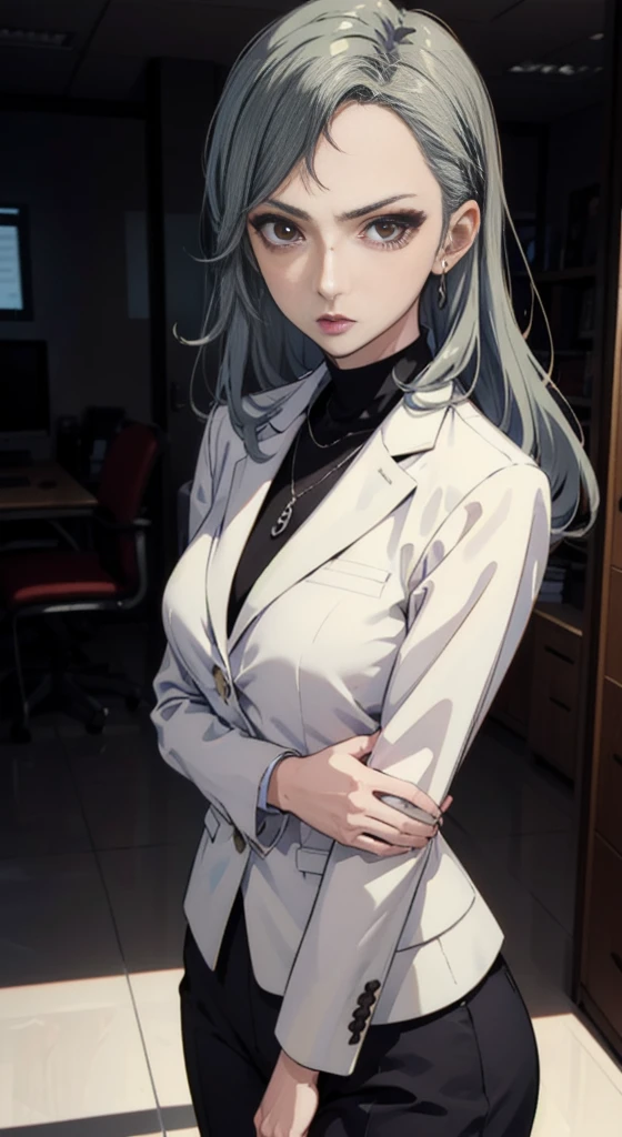 (((masterpiece))) Sae Niijima, wearing an office lady suit, long pants, in an office, standing, serious looks, bright