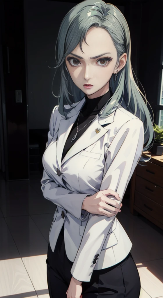 (((masterpiece))) Sae Niijima, wearing an office lady suit, long pants, in an office, standing, serious looks, bright