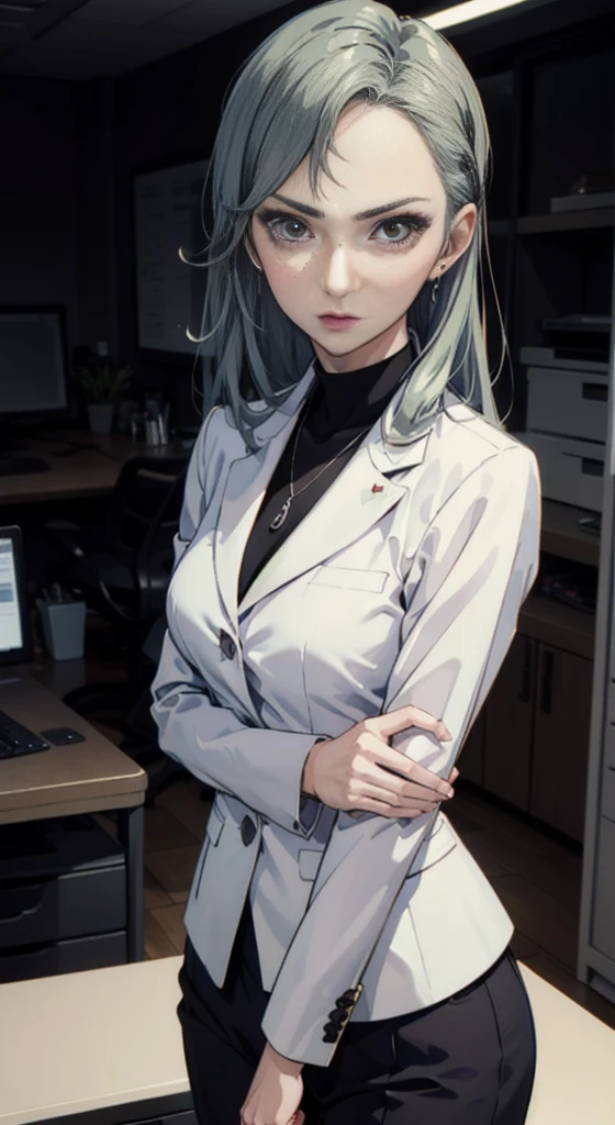 (((masterpiece))) Sae Niijima, wearing an office lady suit, long pants, in an office, standing, serious looks, bright