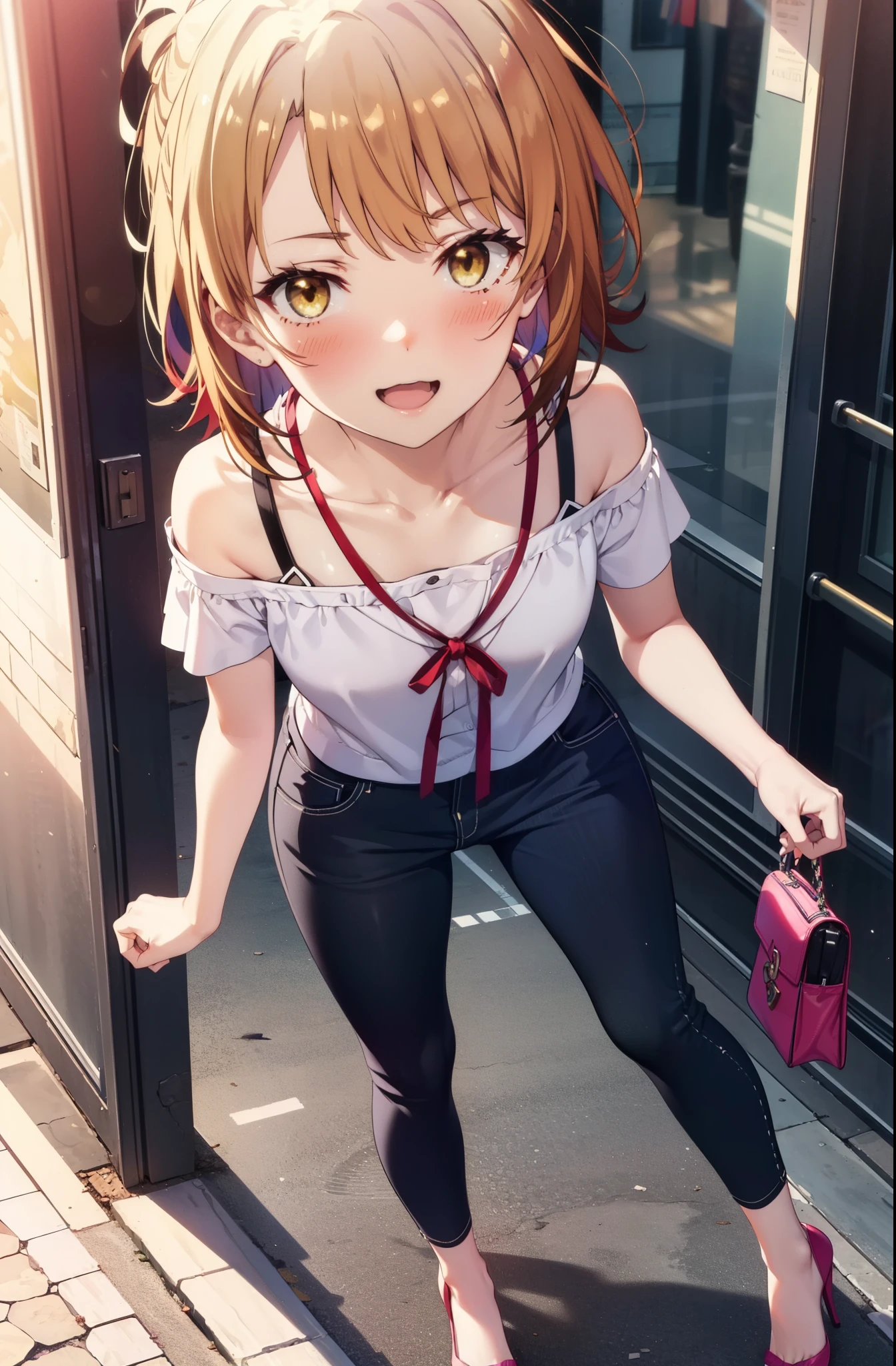 irohaisshiki, iroha isshiki, short hair, Brown Hair, (Brown eyes:1.5),happy smile, smile, Open your mouth,ponytail,Short braided hair,Medium chest,
hair band,Cord off-shoulder top,Short sleeve,skinny pants,Stiletto heels,Sunset,evening,The sun is setting,Walking,whole bodyがイラストに入るように,Looking down from above,Holding a Chanel bag in her right hand,
break outdoors,In town,Building district,
break looking at viewer, whole body,
break (masterpiece:1.2), highest quality, High resolution, unity 8k wallpaper, (shape:0.8), (Beautiful details:1.6), Highly detailed face, Perfect lighting, Extremely detailed CG, (Perfect hands, Perfect Anatomy),