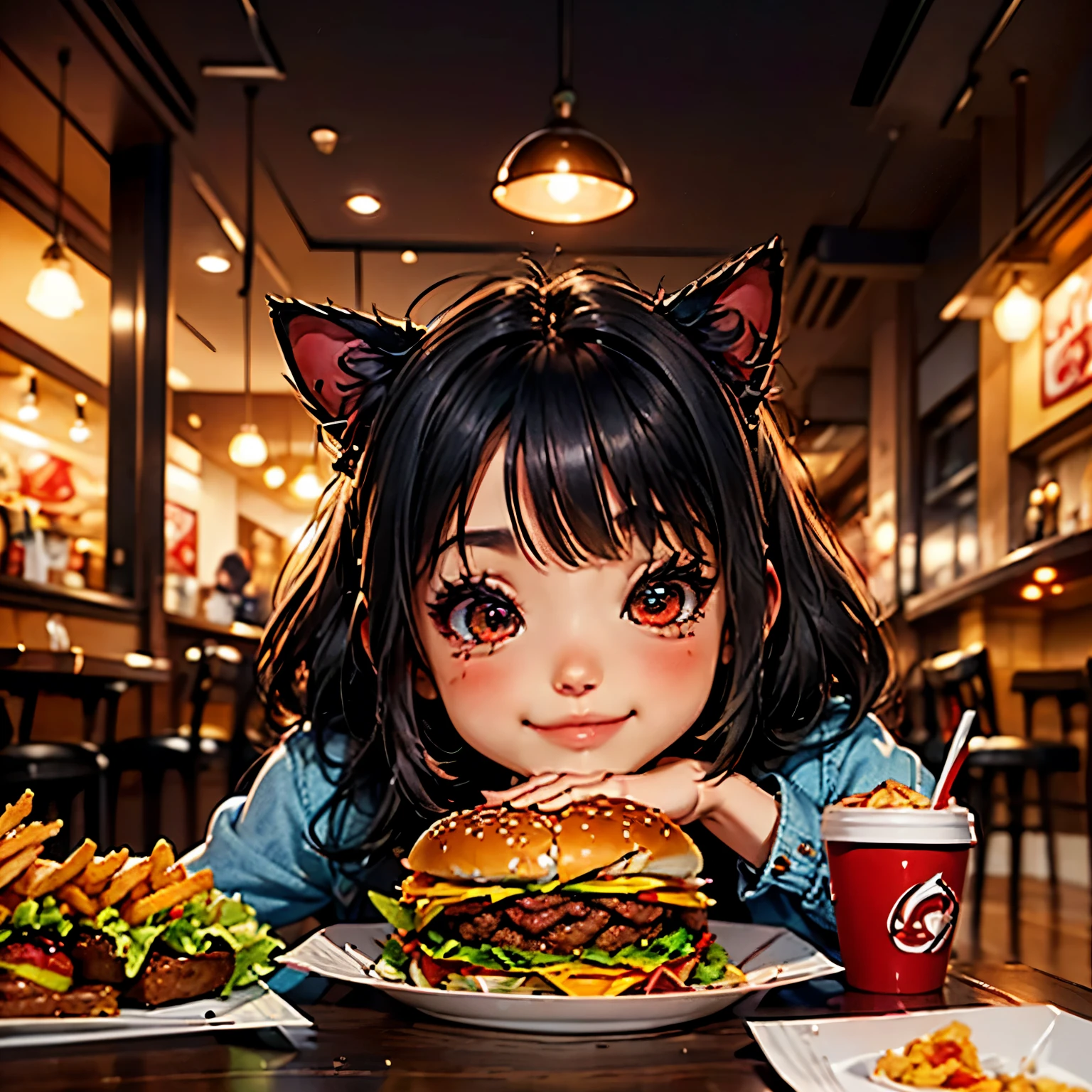 obra maestra, mejor calidad, fondo de pantalla 8k, hdr, renderizado de octanaje. (junkotvv pelo negro, orejas de gato, ojos rojos) (Hija de Chibi Chara:1.2), bob negro, Big Burger Doble Queso Y Tocino🍔, Set the menu, Inside a fast food restaurant, comer. Chibi has (Beautiful and detailed face with perfect symmetry.), (hermosos y detallados grandes ojos rojos: 1.2), (labios rojos, sonrisa, dientes: 1.2), (body with perfect anatomy, textura natural perfecta, detalles altos, piel brillante) cinematic lighting, vivid colors, detailed illustration, profundidad de campo