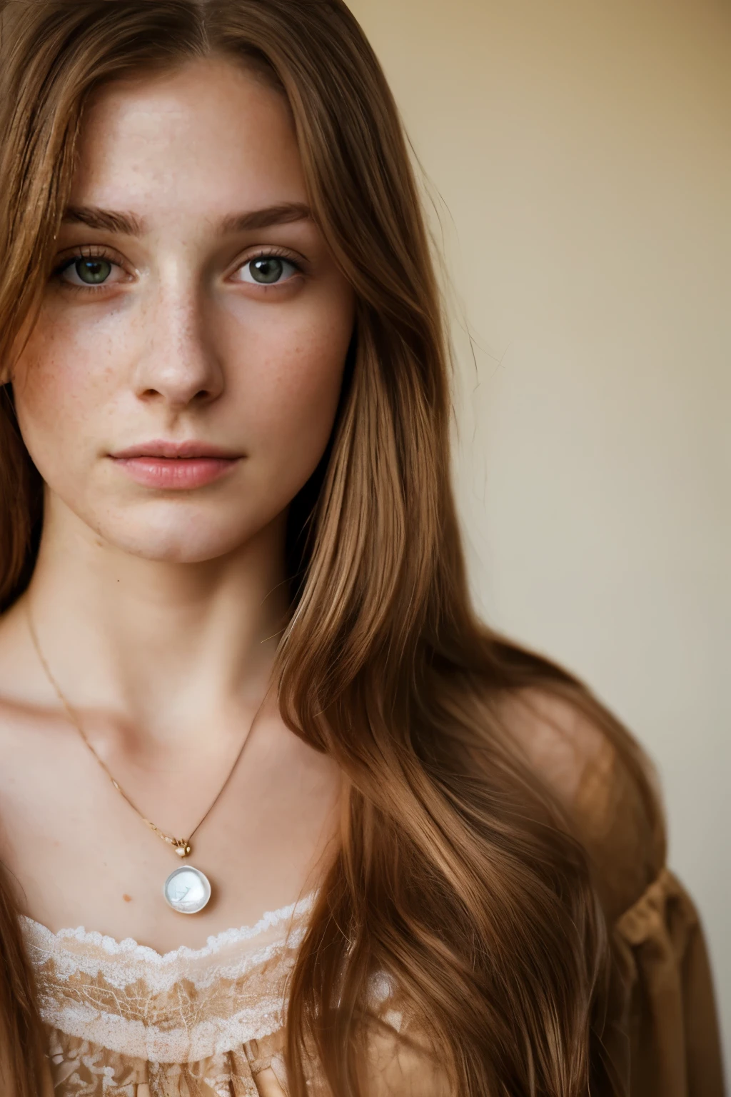 realistic photo of an 18-year-old girl, pretty face, cute look, (((lange dunkel braune Haare))) Sommersprossen, in einem schulterfreien Kleid, vor einer Wand stehend, entspannter Ausdruck, voller Emotionen, Kontrastspiel mit detailreichem Licht und Schatten, depth of field, UHD, Meisterwerk, 8k, realistisch, brunette, (darl brown hair)