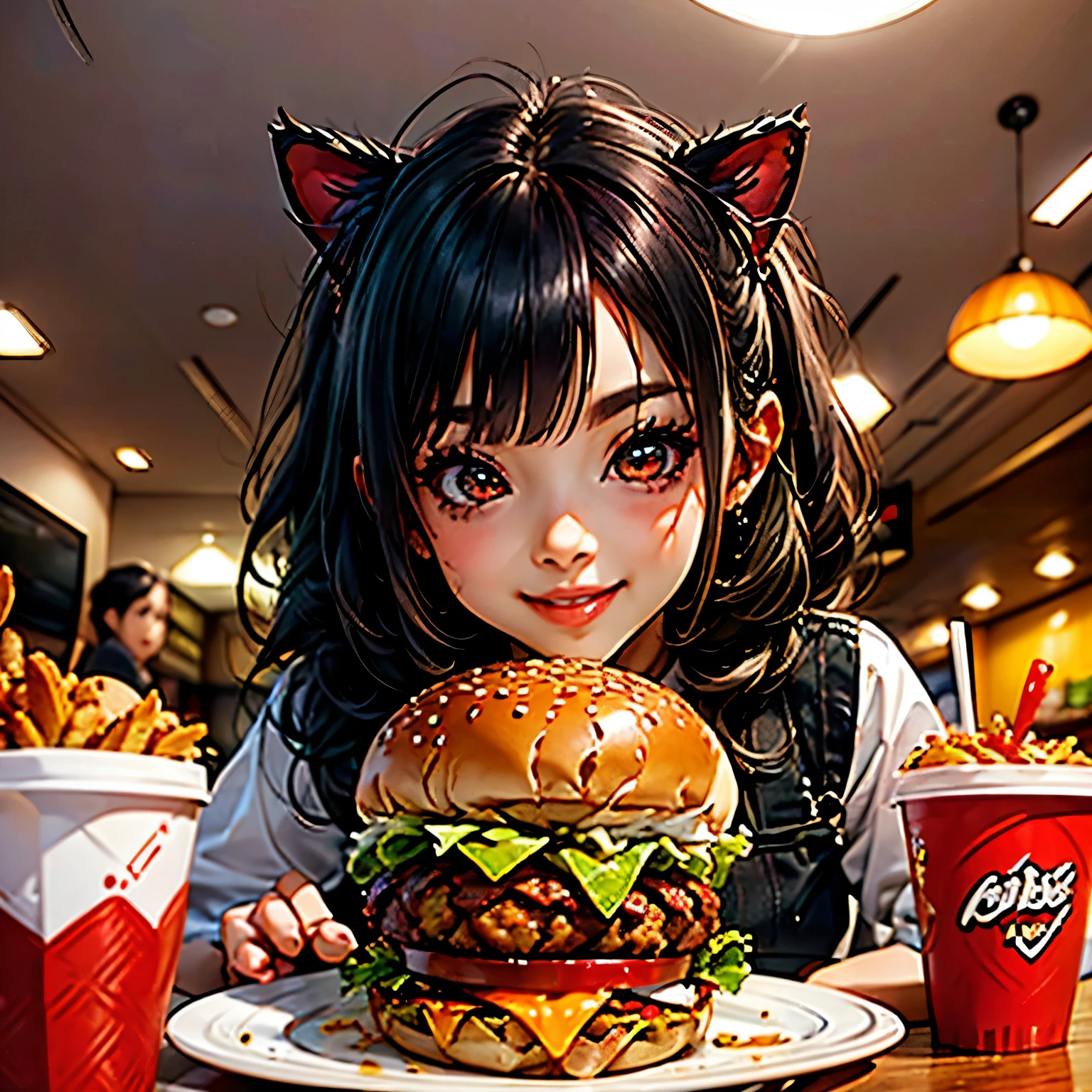 obra maestra, mejor calidad, fondo de pantalla 8k, hdr, renderizado de octanaje. (junkotvv pelo negro, orejas de gato, ojos rojos) (Hija de Chibi Chara:1.2), bob negro, Big Burger Doble Queso Y Tocino🍔, Set the menu, Inside a fast food restaurant, comer. Chibi has (Beautiful and detailed face with perfect symmetry.), (hermosos y detallados grandes ojos rojos: 1.2), (labios rojos, sonrisa, dientes: 1.2), (body with perfect anatomy, textura natural perfecta, detalles altos, piel brillante) cinematic lighting, vivid colors, detailed illustration, profundidad de campo