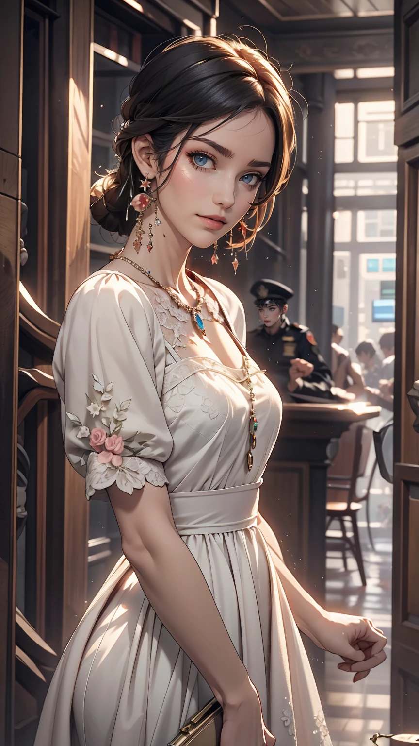 1 female, Black Hair, Blue Eyes, Delicate face, cute, Love Earrings, White Dress, Standing at the entrance to the police station, Playful, Ultra HD, masterpiece, highest quality, Super detailed, Accurate