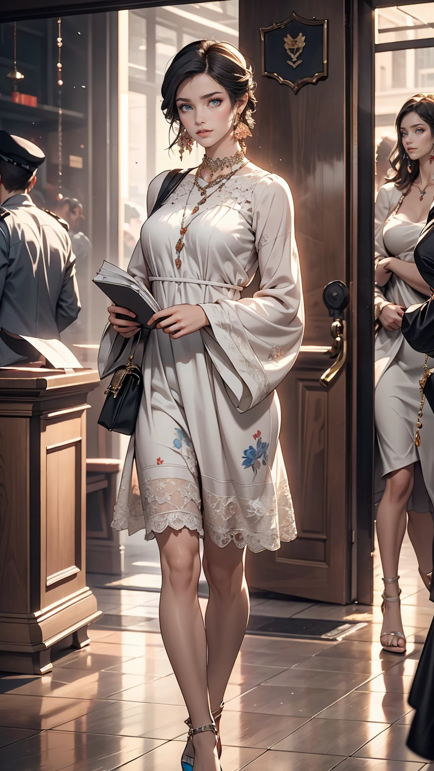1 female, Black Hair, Blue Eyes, Delicate face, cute, Love Earrings, White Dress, Standing at the entrance to the police station, Playful, Ultra HD, masterpiece, highest quality, Super detailed, Accurate