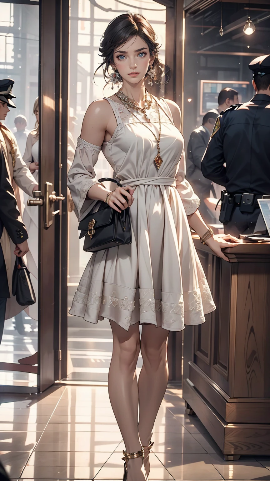 1 female, Black Hair, Blue Eyes, Delicate face, cute, Love Earrings, White Dress, Standing at the entrance to the police station, Playful, Ultra HD, masterpiece, highest quality, Super detailed, Accurate