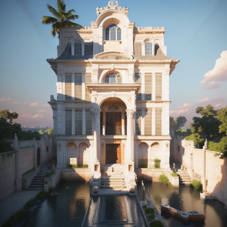 un rendu d'a large house with a driveway and a gate, neoclassical style, manoir, exterior design, Very detailed architecture, vue de face dramatique, conception résidentielle, realistic architecture, vue de face, neoclassical style, architecture de luxe, villa interdimensionnelle, An extremely detailed building, realistic art deco, dans le style du rendu 3D, realistic building