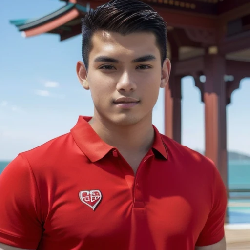The man wearing a red shirt stood in front of the pavilion., wearing a polo shirt, Handsome Chad Chin, Damian Tran, David Marquez, Asian man, Inspired by David Diao, Anton, wearing red dress, Ramil Sunga, Luca, Portrait in the middle of a shot, Inspired by Adam Dario Kiel, Inspired by Robbie Trevino