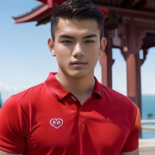 The man wearing a red shirt stood in front of the pavilion., wearing a polo shirt, Handsome Chad Chin, Damian Tran, David Marquez, Asian man, Inspired by David Diao, Anton, wearing red dress, Ramil Sunga, Luca, Portrait in the middle of a shot, Inspired by Adam Dario Kiel, Inspired by Robbie Trevino