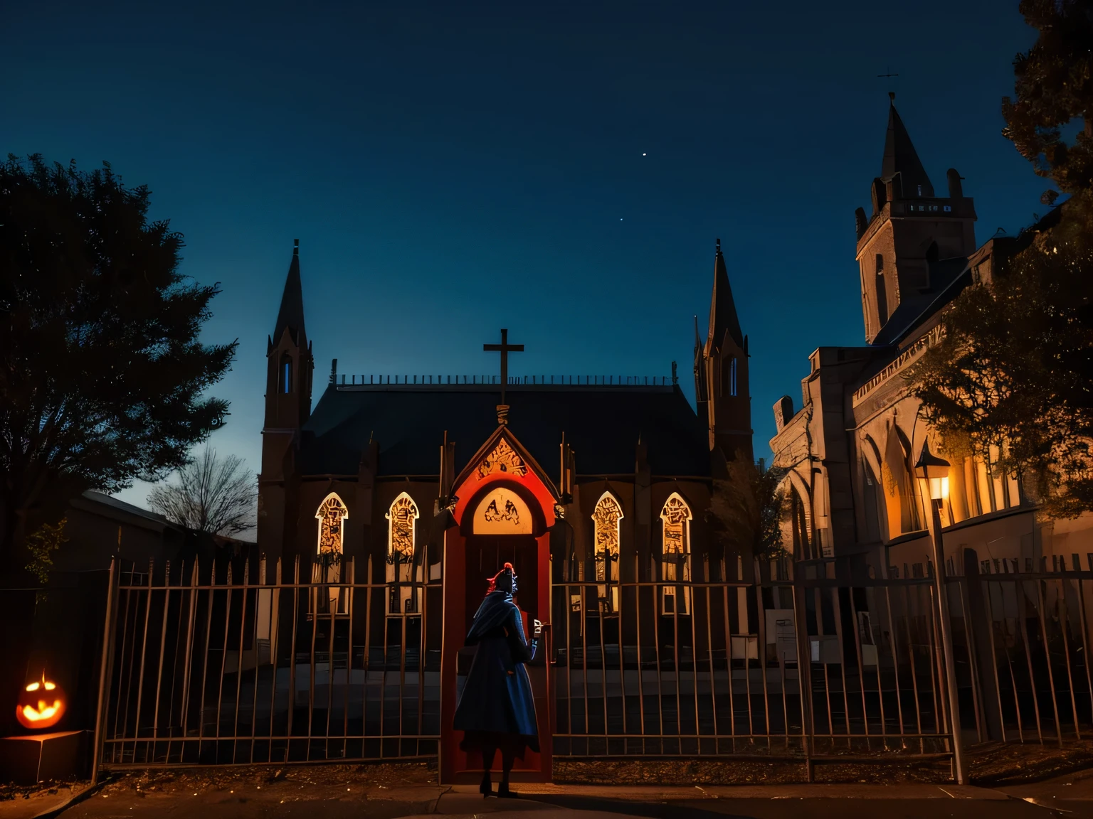 church,Outside the courtyard,Fence,smoke,Late Night,Red and blue,fear,Thriller,Halloween style,HD