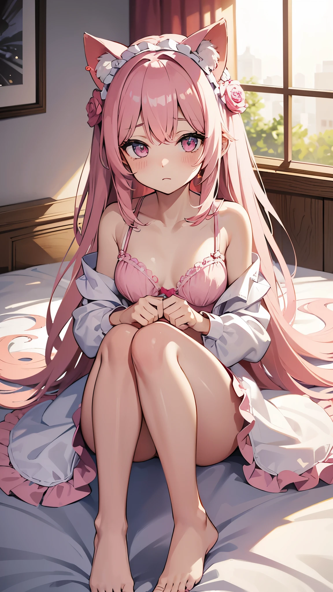 (masterpiece:1.2), best quality,a girl, pink nightgown, pink cat ear hood, (white long hair:1.3), (pink eyes), duck sitting, ((hiding hands)),clothes open, pink bra, tsundere, obsessive expression,  blush, medium breast, cross white headdress, holding a bear doll, sitting on the bed, pink bed, bedroom,full body,looking at viewer, beautiful eyes, detailed eyes,pureerosface_v1, [:(detailed face:1.2):0.2]: