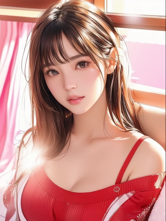 (1girl:1.3), cinematic light,  (masterpiece, top quality, best quality,  beautiful and aesthetic:1.3), extreme detailed,highest detailed,(ultra-detailed),, 
From above,(( lying on bed)), 
solo, breasts, silky long hair, (brown hair), Rose flowers scattered all over the bed,
((suit)), ((shirt)), open breast,