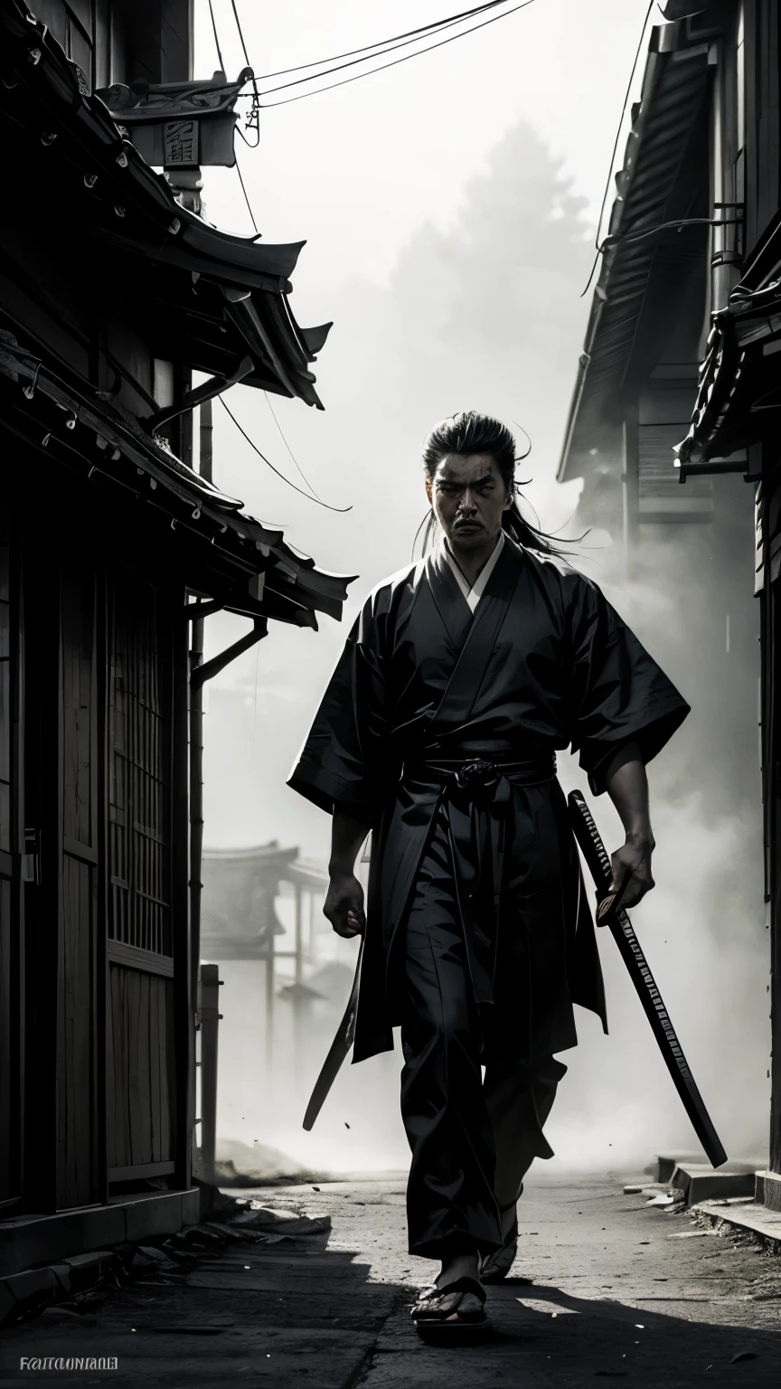 Black and White Samurai holding a big katana with bunch of black shadows behinds him,Long Hair,fog,Wind,night,High Noon,bamboo,Black and White,traditional Japanese art,Oriental,Japan,Handmade,Art Nouveau,detailed