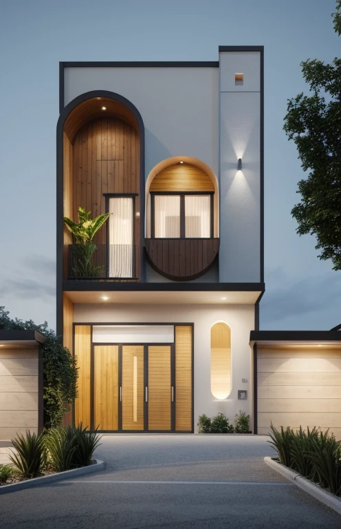 Realistic, hyper detail, 1 morden house, 1 road infront of the house, night light, light from indoor:1.3, few red flower, main maerial about white wall and wooden cladding