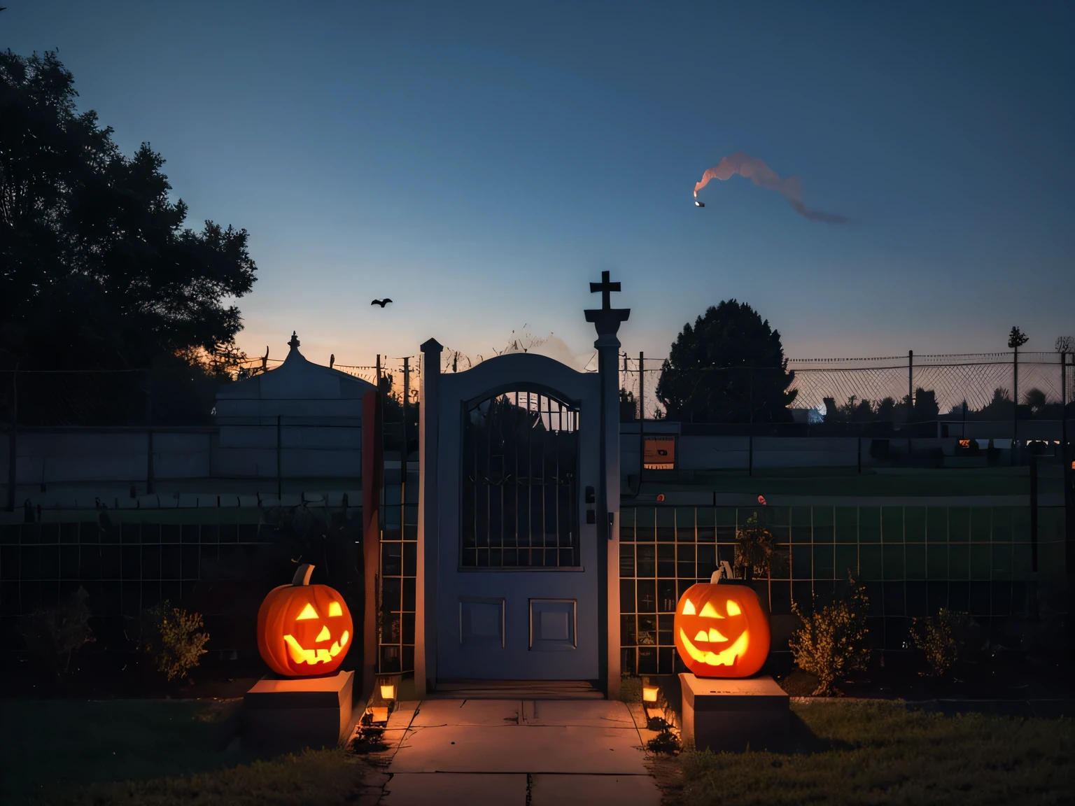 Cemetery,Outside the courtyard,Fence,net,smoke,Late Night,Red and blue,fear,Thriller,Halloween style,HD