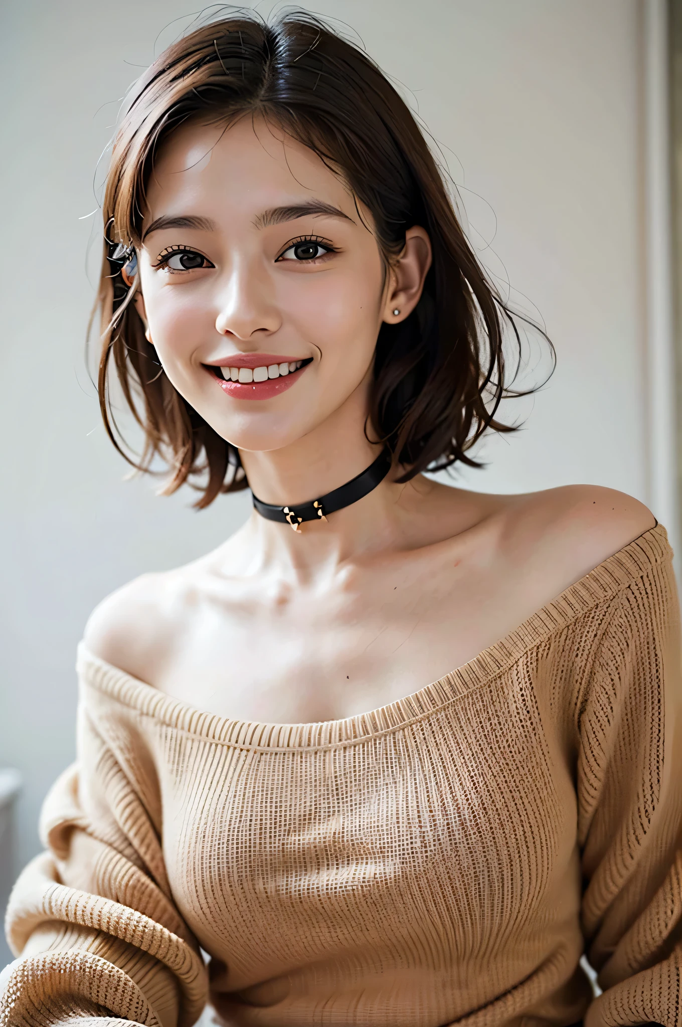 { 1girl, sitting on a bed, (lean forward, seductive pose) }, { }, { (sunshine), (masterpiece, absurdres), (photo realistic:1.6), (best quality:1.6) }, { (smiling:1.2), (shiny skin:1), slender body, beautiful huge breasts, (perky nipples:0), (long hair:0) }, { long sleeve knit sweater, off-shoulder, ((camel toe)), neck choker }
