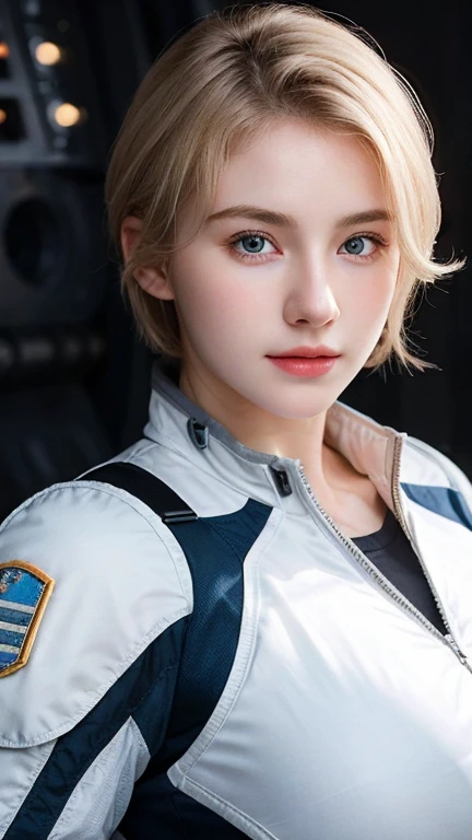 ((best quality)), photorealistic, photorealism, Photorealistic, high resolution, Beautiful, Baby Face, 20 Years Old, White Skin, pale skin, Large Breasts, huge breast, Combat pose, looking at the camera, (Detailed face), curtain hair, short hair, blonde hair, (wearing pilot suit, mecha suit), (cloths color based on black), Fingers are occluded, concrete space ship background,