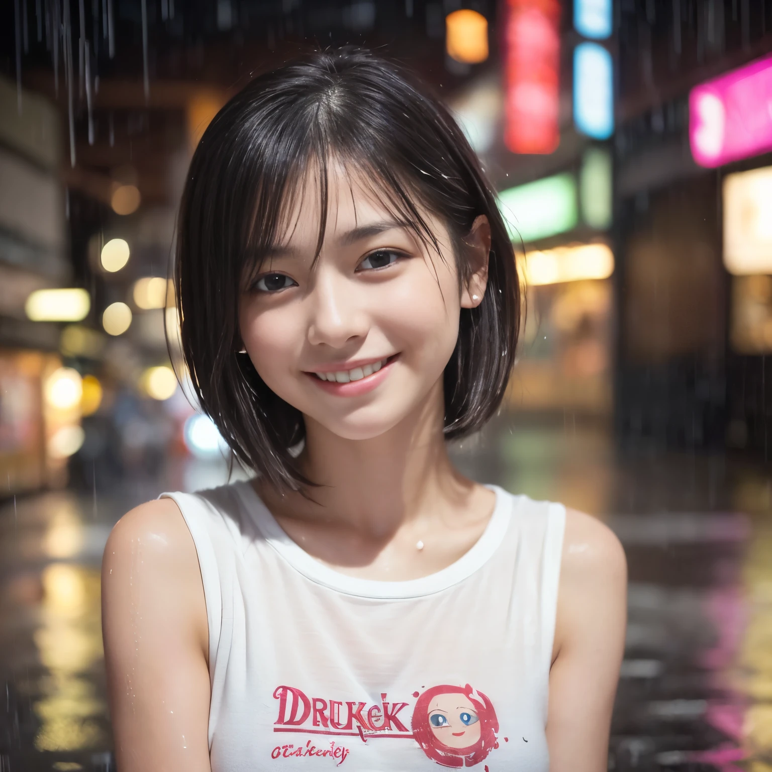 (Best-quality, Masterpiece, Ultra-High-Resolution, (Photorealistic:1.4), Raw Photo, depth of field, professional lighting, perfect anatomy, extremely details), 1girl, 15-years-old, the most famous Japanese idol, wearing white T-shirt and light-pink pleated skirt with cute design, portrait, Midnight, On Main Street in Japan, (((drunk, intoxicated, innocent smile, raining heavily):1.4)), ((extremely cute and extremely wet face from heavy-rain, ((extremely cute and extremely big eyes)), extremely cute and extremely wet short-cut-haired from heavy-rain, extremely beautiful skins, extremely cute long-eyelashes, extremely cute lips, extremely wet body from heavy-rain)), extremely wet clothes from heavy-rain, ((detailed heavy-rain):1.3)