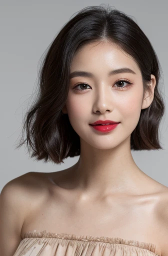 ((highest quality, 8k, masterpiece:1.3)), concentrated:1.2, Beautiful woman with perfect figure:1.4, Stick your butt out:1.2, ((Cut your hair in layers:1.2)),,(Bandeau dress:1.5), Highly detailed face and skin texture, Detailed eyes, double eyelid,Whitening the skin,Long black hair,(Keep your mouth shut:1.3),smile,Pink Cheek,Red Lip,Long eyelashes