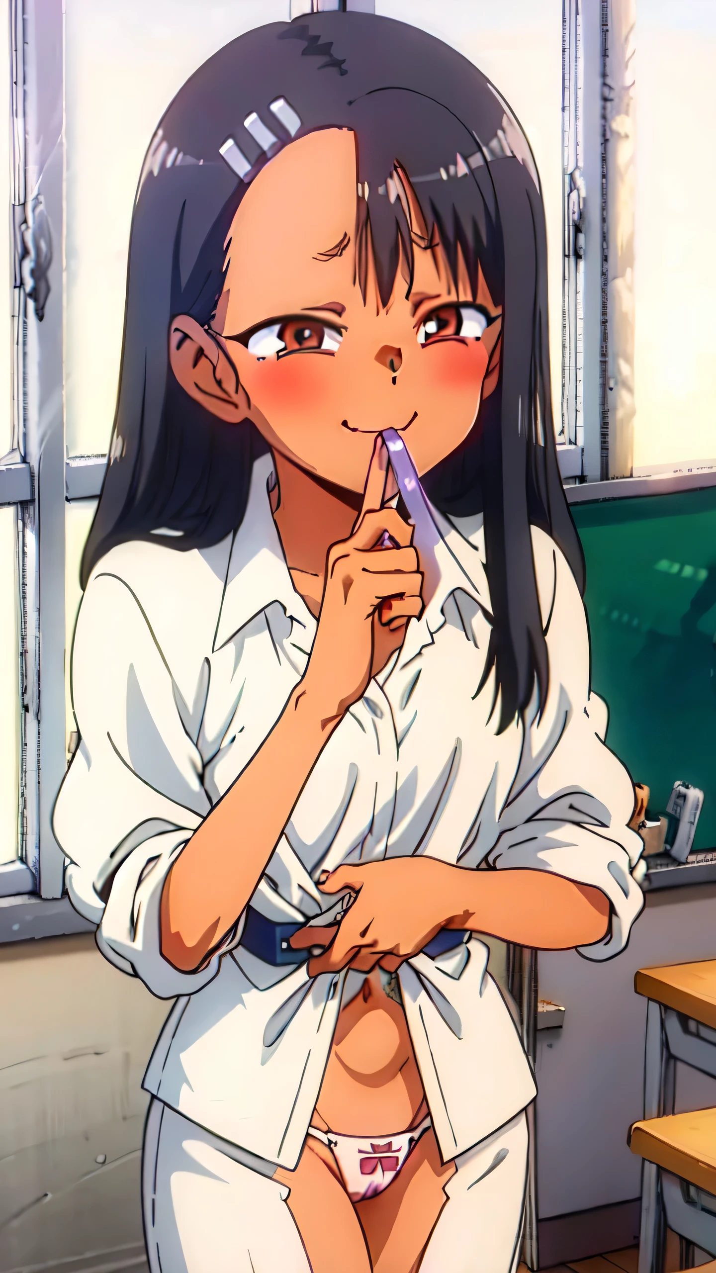 Nagatoro, lowleg panties , white panties, pubic hair, school, sucking finger, blush, trying not to laugh, small breasts, POV