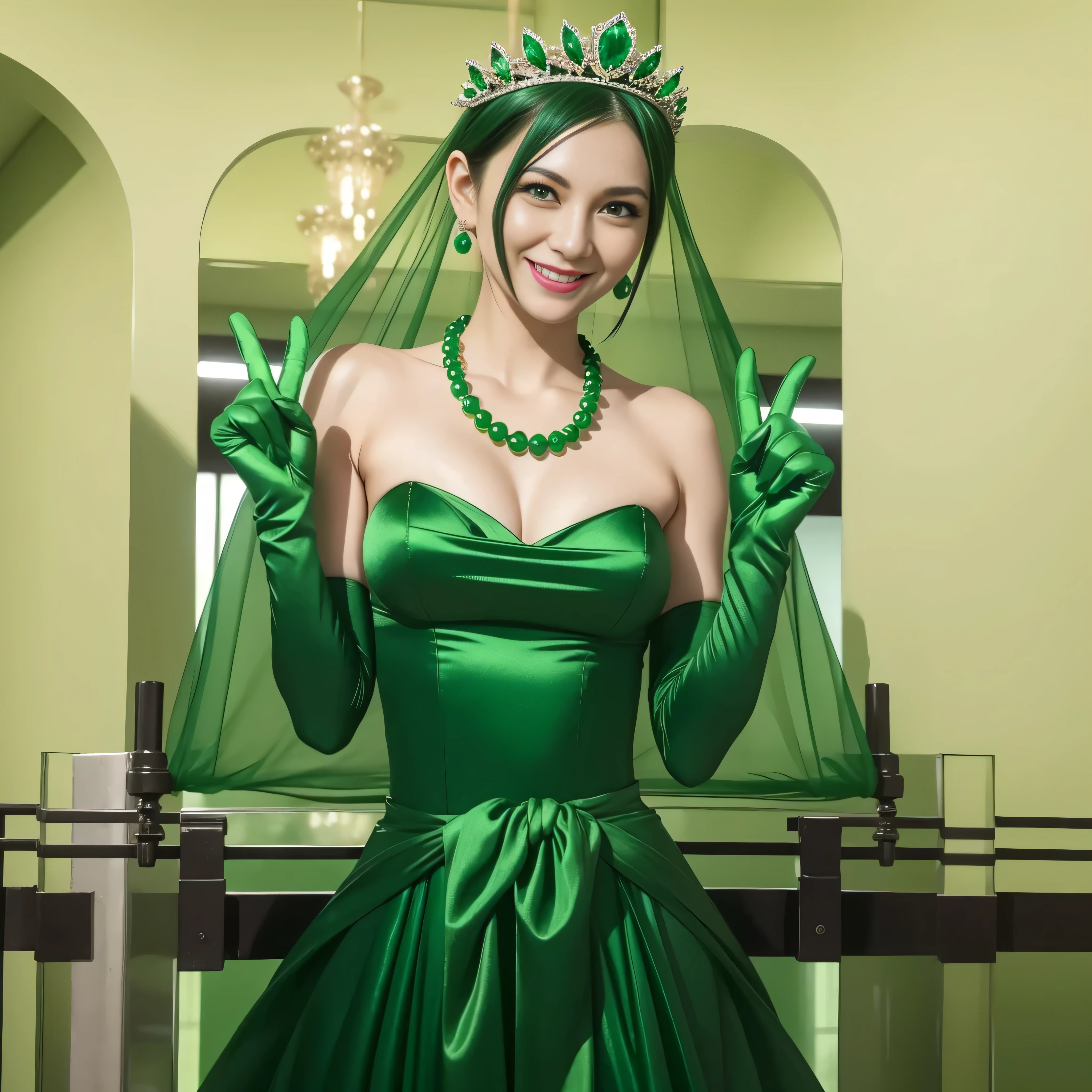 Emerald tiara, Green Pearl Necklace, Boyish very short green hair, lipstick, Woman in her 30s Japan smiling, Very short hair, Big and beautiful, Green Eyes, Long green satin gloves, Big Breasts, V sign, Emerald Earrings, Green veil