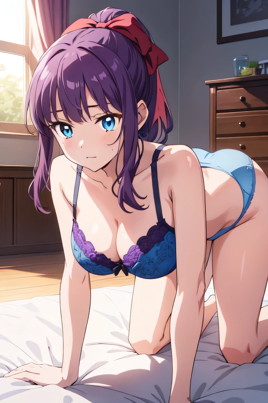 Confused, High resolution, (Official Art, beautiful), Very detailed, takimoto hifumi, Long Hair, blue eyes, ponytail, Purple Hair, Hair Ribbon, Blue Bra,Blue panties, Embarrassing, Glowing effect, On the bed, on all fours, look at me