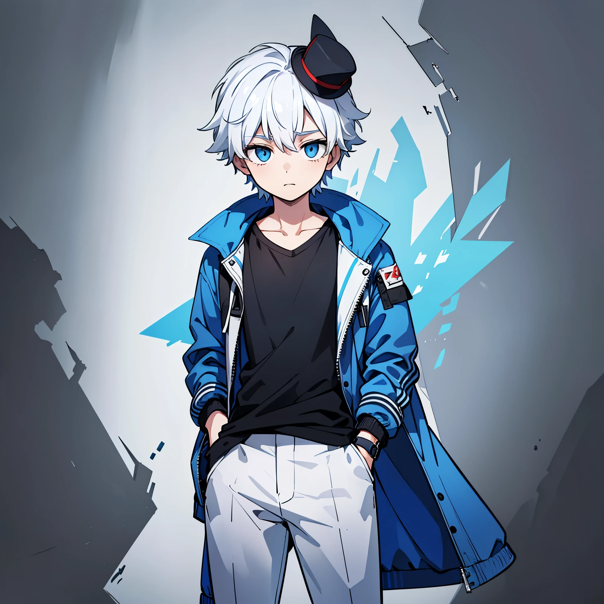 1 boy, solo, blue eyes, (detailed eyes), white hair, hair between the eyes, (hat on head), (casual jacket), big jacket, (blue jacket), black shirt, trousers, gray trousers ashes, standing, (hands in pockets), (((Jacket closed))), upper body, (white background), Transparent background, looking at the view, ((masterpiece, illustration, best quality))