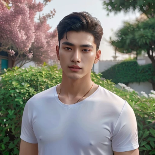 Aaraf wearing a white shirt stood in front of a bush., Yanjun Chengt, realistic. Cheng Yi, Inspiration from Yan Juncheng, Inspired by Ding Yunpeng, handsome stunning realistic, Inspiration from Zhang Han, Inspiration from Xiao Yunkong, Handsome Chad Chin, Inspired by Bian Jingzhao, Asian man, Inspiration from Huang Gongguang
