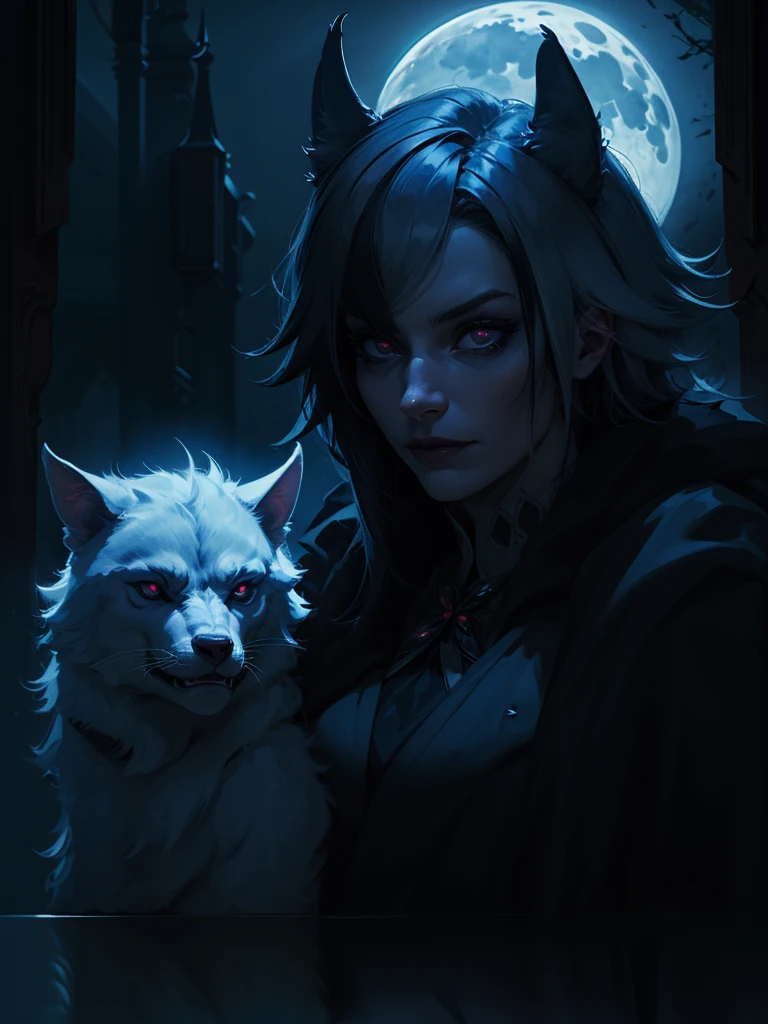 (highres:1.2),(realistic:1.37),devil girl,pet wolf,dark fantasy,enchanted forest,magic powers,glowing eyes,demonic features,black cloak,ominous atmosphere,moonlit night,sharp fangs,pale skin,ominous shadows,detailed facial expressions,dark tendrils,nightmare,haunting,gothic aesthetic,ferocious companion,vivid colors,dangerous beauty,captivating gaze,sinister aura,creature of the night,enchanted bond,loyal protector,moon's reflection,shadowy figure,ethereal,mythical,otherworldly,mesmerizing presence