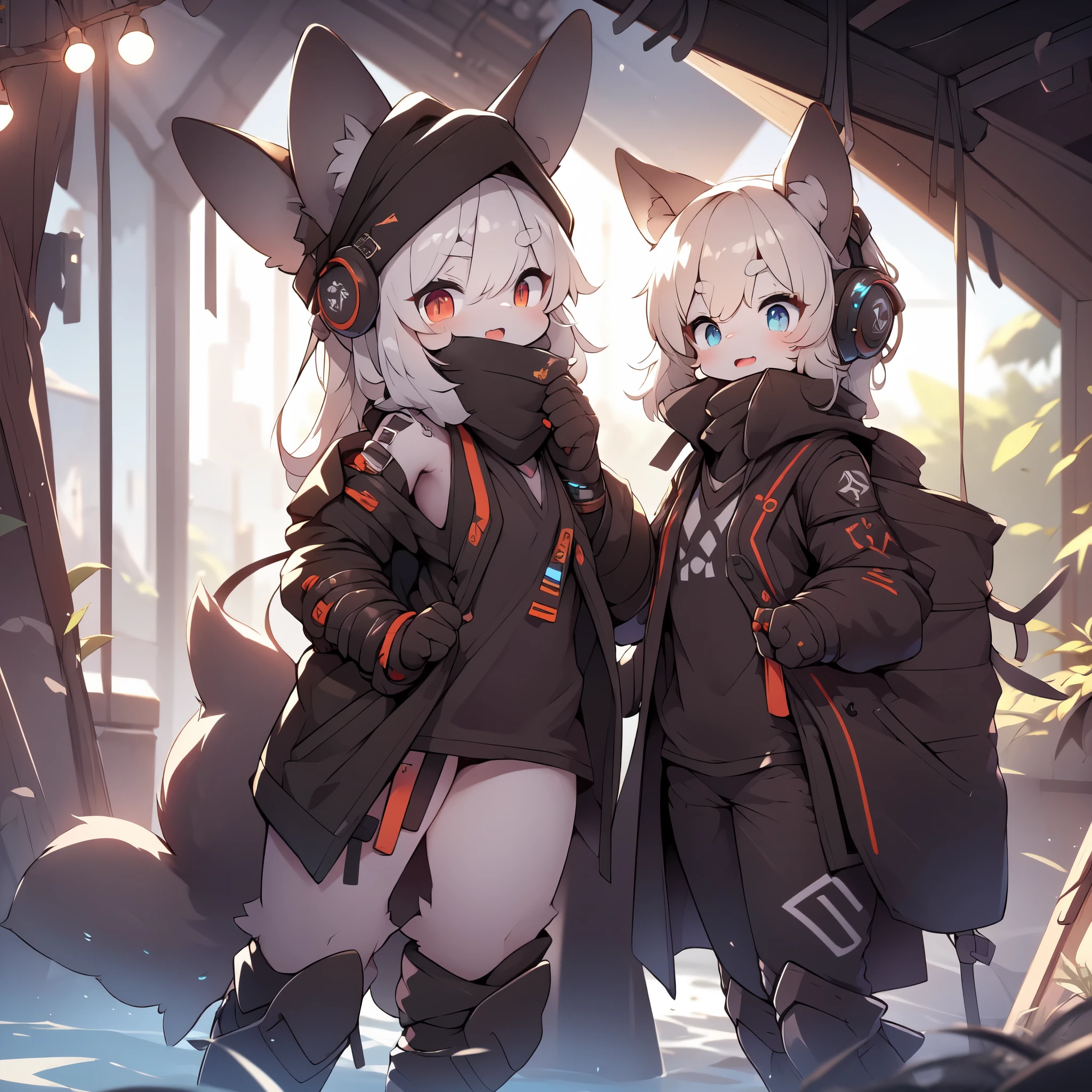 Kawaii, Striped Fluffy Fox, emaciated, long hair, 3girls, artificial synthetic skin, life support prosthetics, digital headphones, black tight latex bodysuit, white long dress, thigh-high-socks, shorts, loose off-the-shoulder hood open jacket, holsters in thigh, Mechanical boots, tactical knee pads, tactical belted loose Arm Sleeves, cybernetic Display gloves, chest rigs, tactical belts, blue archive halo, bulletproof goggles on forehead, from Ark nights, ray tracing, depth of field, bloom, masterpiece, ccurate, high details, highres