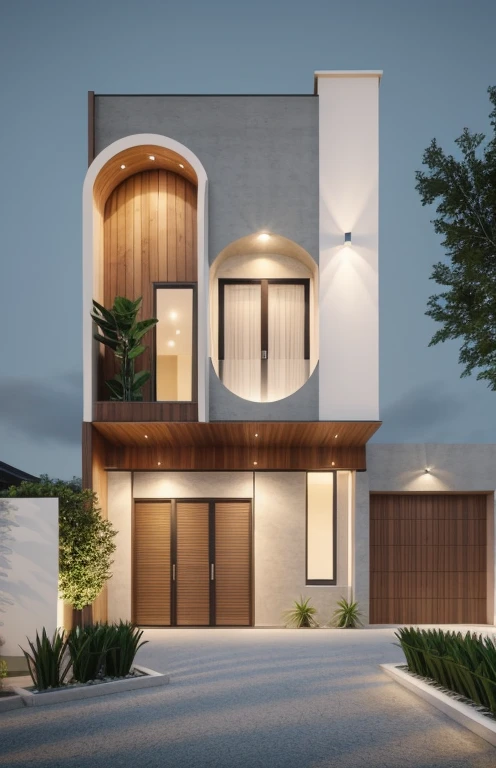 Realistic, hyper detail, 1 morden house, 1 road infront of the house, night light, light from indoor:1.3, few red flower, main maerial about white wall and wooden cladding