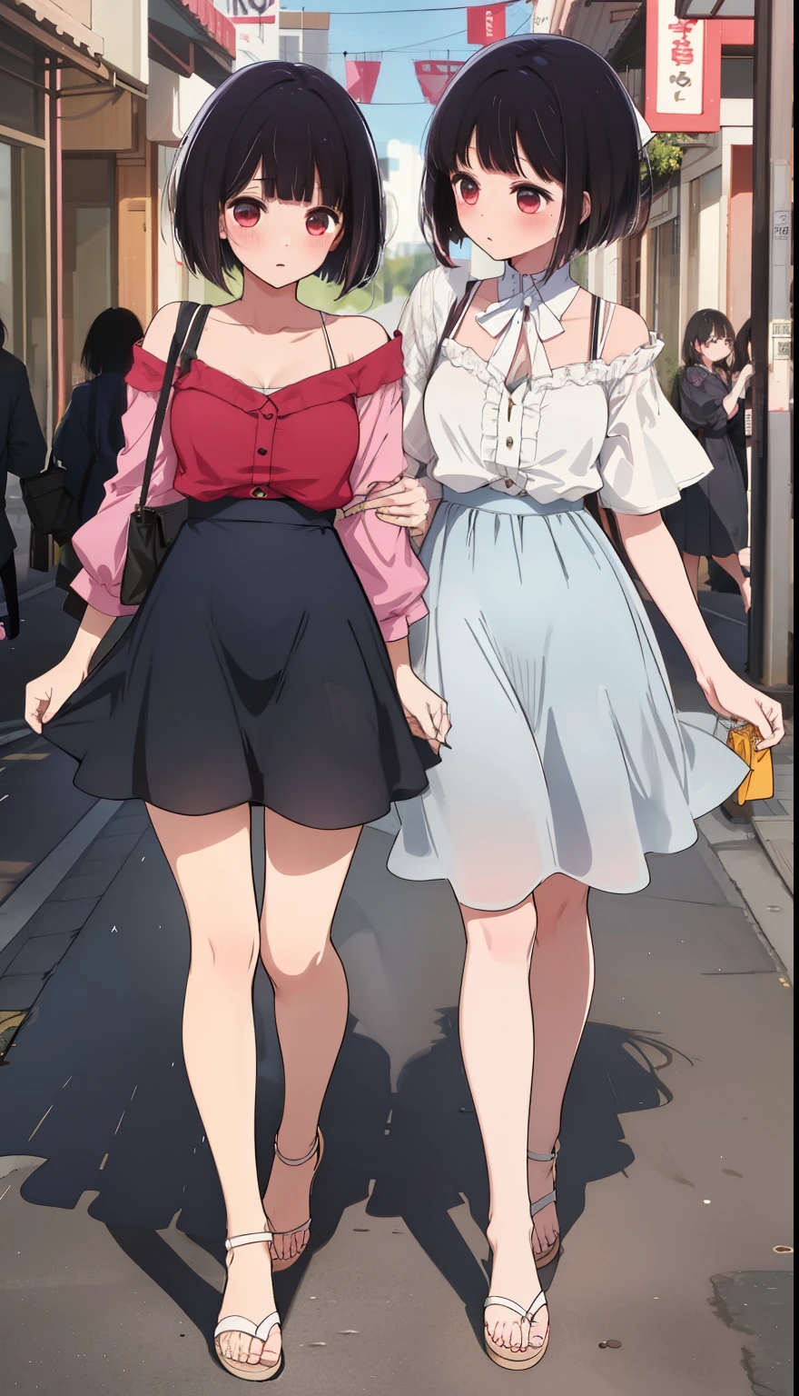 One Girl、positive、Standing posture、Full body portrait、Black Hair、Medium Haircut、blush、Absolute area、No panties、No bra、barefoot、Light blue dress、Off-the-shoulder dress、（Very large breasts）、Cleavage、((Lesbians around the world))、masterpiece、（highest quality） 、Shirt buttons fly off、Unbutton your shirt、Exposing the breasts、In town、Date、Shopping Street、White Sandals、A man stands behind