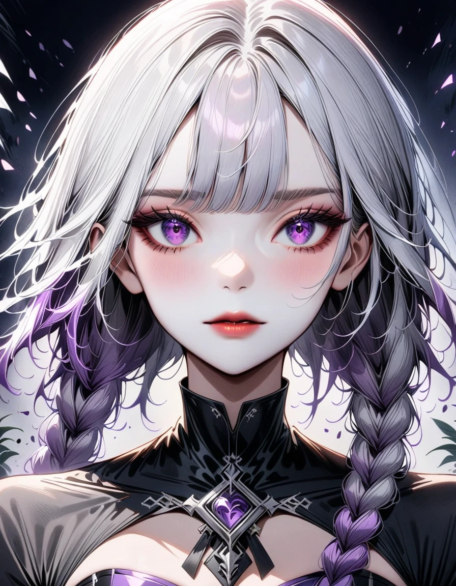 1girl, purple eyes, silver hair, gradient hair, twin braided hair, cryptic girl, 1hbgd1, cyber girl, yinji,1 girl, beautiful detailed eyes, beautiful detailed lips, extremely detailed eyes and face, long eyelashes, silver hair, gradient hair, twin braided hair, purple eyes, digital painting, ultra-detailed, 8k, high quality, intricate details, cinematic lighting, dramatic atmosphere, moody, elegant, graceful, masterpiece, best quality, very aesthetic, absurdres