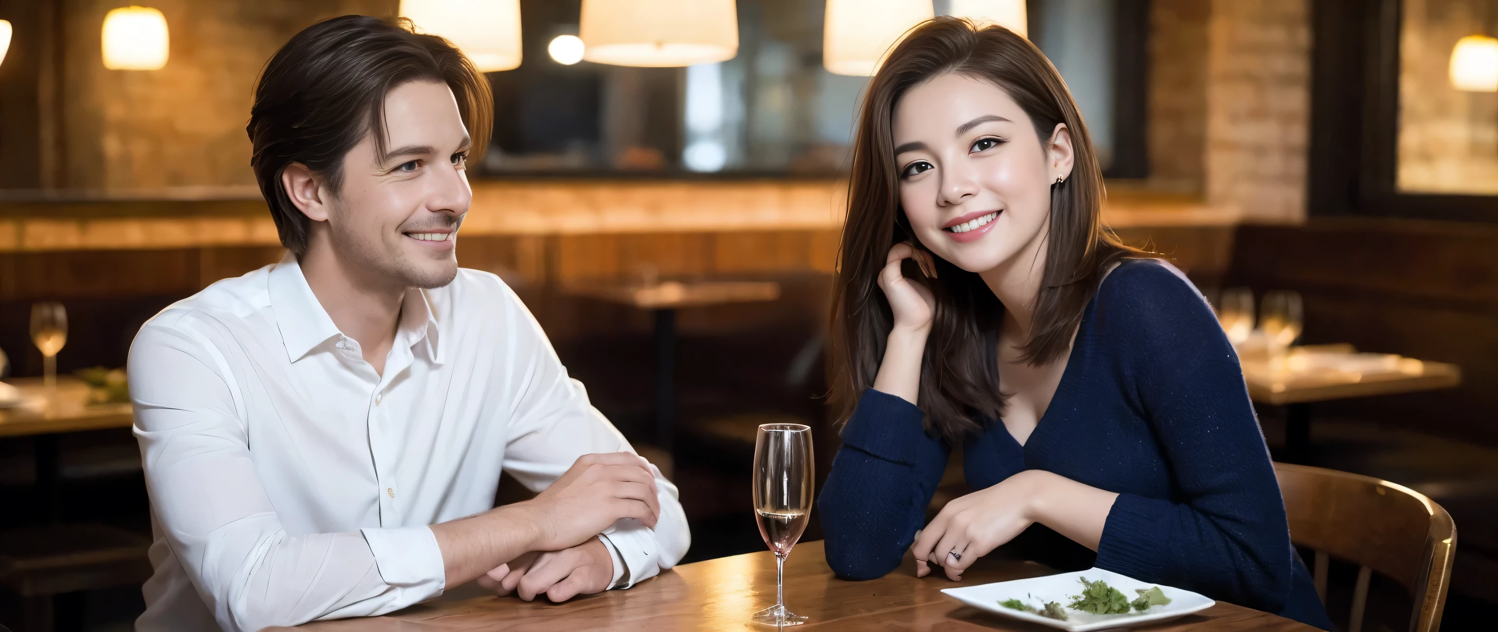 ((highest quality、8k、masterpiece:1.3))、1 male、1 female、Couple、Spouse、half、Beauty Couple、The body is slim、((Bob Hale、Straight hair:1.2)), (Realistic, Intricate details:1.2), Wine glass on the table、Shine light on your face、 Amazing view of the sunset sky and clouds、Amazing mountain views、A bright smile、The wonderfulness of smile、Bright image、The beauty of wine, Beautiful Face, blue eyes, The light shines on your face, Blushing, short hair,Bright Face、 (Age 37), 39 years old, red wine 、Appetizers、Italian food、Wine bottle、Champagne、sparkling wine、Two beauties、Brown Hair、Shortcuts、Long sleeve shirt、dress、Pretty Woman 1, (Slim face), (The body is slim), (Brown Hair), (Shortcuts), cheeks turn a little red,Attractive beauty、restaurant, In a prominent place (From the waist up) Nova Frog Style, actress, model, Upper Body, White wine, slim, wine glass, A wine glass placed in the center, smile, (smile: 1.15), Beautiful fine grain, Depth f/2,saturation, High Contrast, Strong light and shadow,Moist Body:1.5、3D texture、Delicate eyes、Brown Hair、The hair is very shiny、