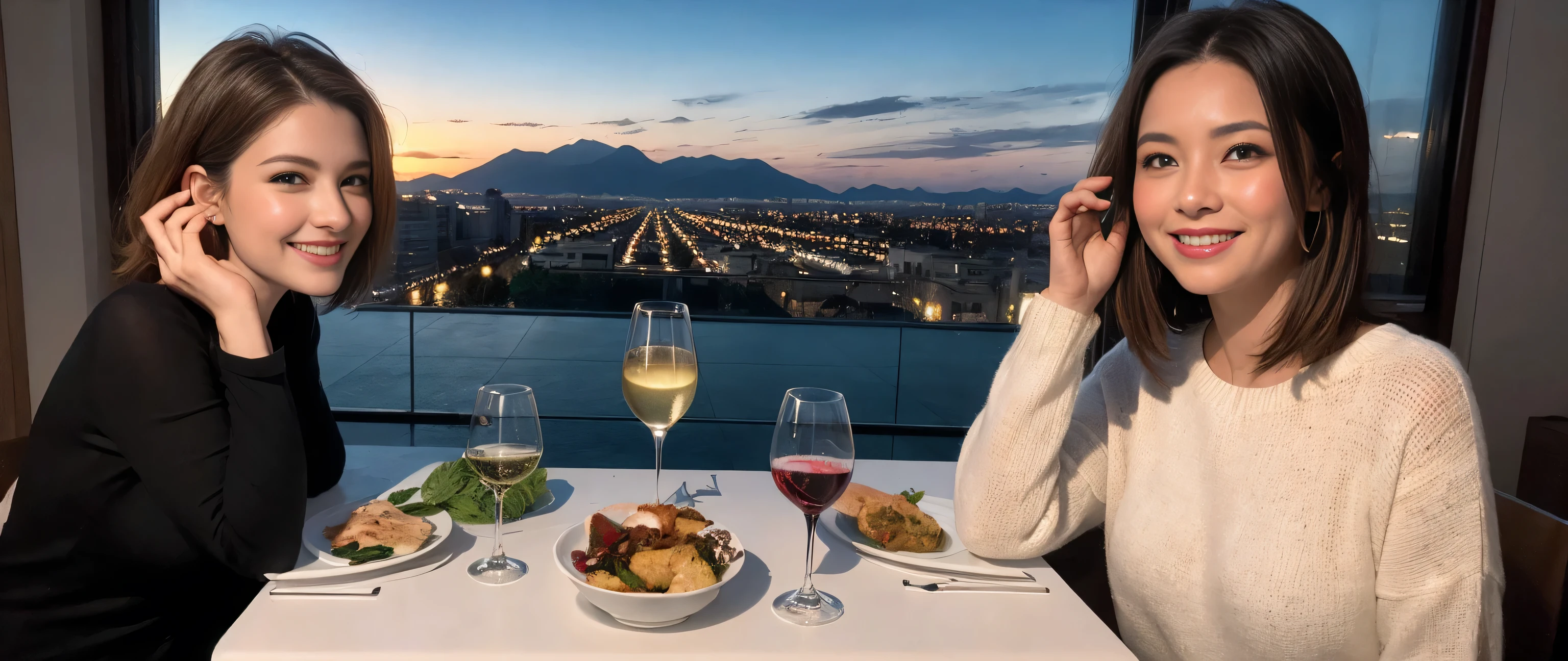 ((highest quality、8k、masterpiece:1.3))、1 male、1 female、Couple、Spouse、half、Beauty Couple、The body is slim、((Bob Hale、Straight hair:1.2)), (Realistic, Intricate details:1.2), Wine glass on the table、Shine light on your face、 Amazing view of the sunset sky and clouds、Amazing mountain views、A bright smile、The wonderfulness of smile、Bright image、The beauty of wine, Beautiful Face, blue eyes, The light shines on your face, Blushing, short hair,Bright Face、 (Age 37), 39 years old, red wine 、Appetizers、Italian food、Wine bottle、Champagne、sparkling wine、Two beauties、Brown Hair、Shortcuts、Long sleeve shirt、dress、Pretty Woman 1, (Slim face), (The body is slim), (Brown Hair), (Shortcuts), cheeks turn a little red,Attractive beauty、restaurant, In a prominent place (From the waist up) Nova Frog Style, actress, model, Upper Body, White wine, slim, wine glass, A wine glass placed in the center, smile, (smile: 1.15), Beautiful fine grain, Depth f/2,saturation, High Contrast, Strong light and shadow,Moist Body:1.5、3D texture、Delicate eyes、Brown Hair、The hair is very shiny、