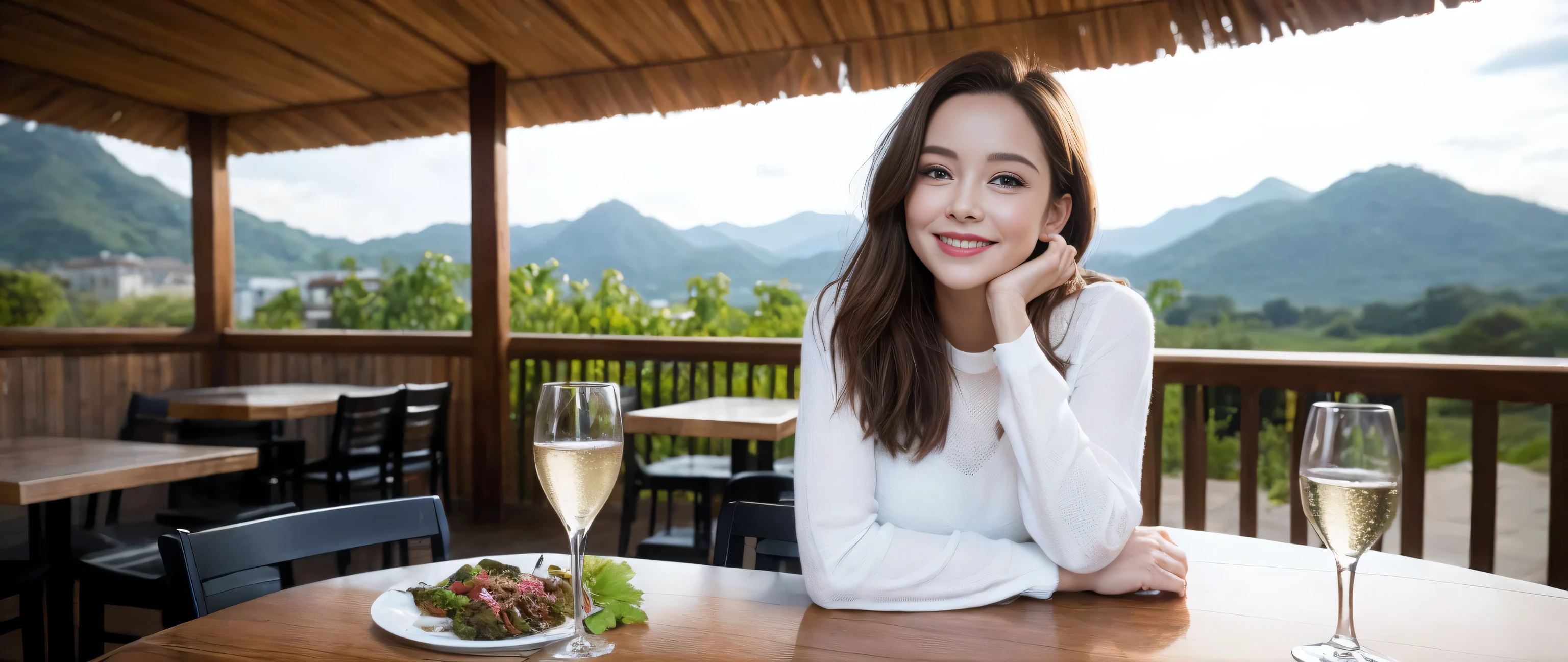 ((highest quality、8k、masterpiece:1.3))、1 male、1 female、Couple、Spouse、half、Beauty Couple、The body is slim、((Bob Hale、Straight hair:1.2)), (Realistic, Intricate details:1.2), Wine glass on the table、Shine light on your face、 Amazing view of the sunset sky and clouds、Amazing mountain views、A bright smile、The wonderfulness of smile、Bright image、The beauty of wine, Beautiful Face, blue eyes, The light shines on your face, Blushing, short hair,Bright Face、 (Age 37), 39 years old, red wine 、Appetizers、Italian food、Wine bottle、Champagne、sparkling wine、Two beauties、Brown Hair、Shortcuts、Long sleeve shirt、dress、Pretty Woman 1, (Slim face), (The body is slim), (Brown Hair), (Shortcuts), cheeks turn a little red,Attractive beauty、restaurant, In a prominent place (From the waist up) Nova Frog Style, actress, model, Upper Body, White wine, slim, wine glass, A wine glass placed in the center, smile, (smile: 1.15), Beautiful fine grain, Depth f/2,saturation, High Contrast, Strong light and shadow,Moist Body:1.5、3D texture、Delicate eyes、Brown Hair、The hair is very shiny、