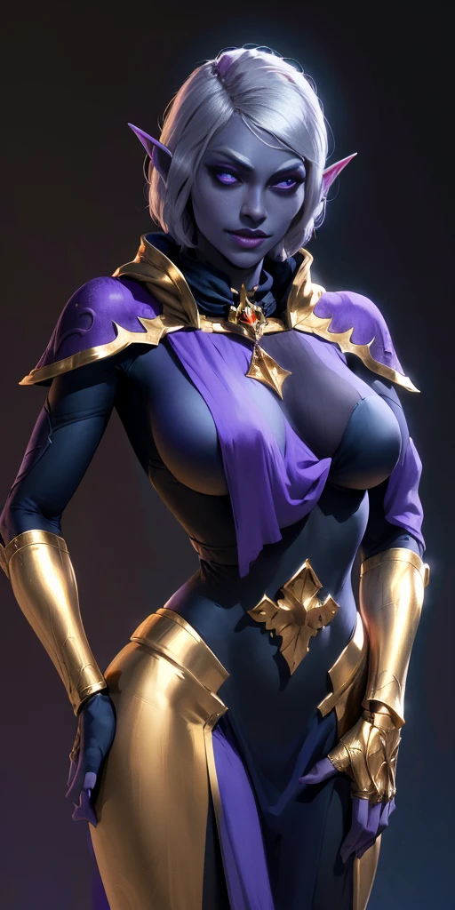 (Female drow elf chest covered very purple skin)(smile) pale golden hair and violet eyes. clothing white and silver with cloaks of deep blue or purple, huge knockers ((very precise detailed)) ((high res) Golden bracers (plain background) (perfect body and face) hands on hips
